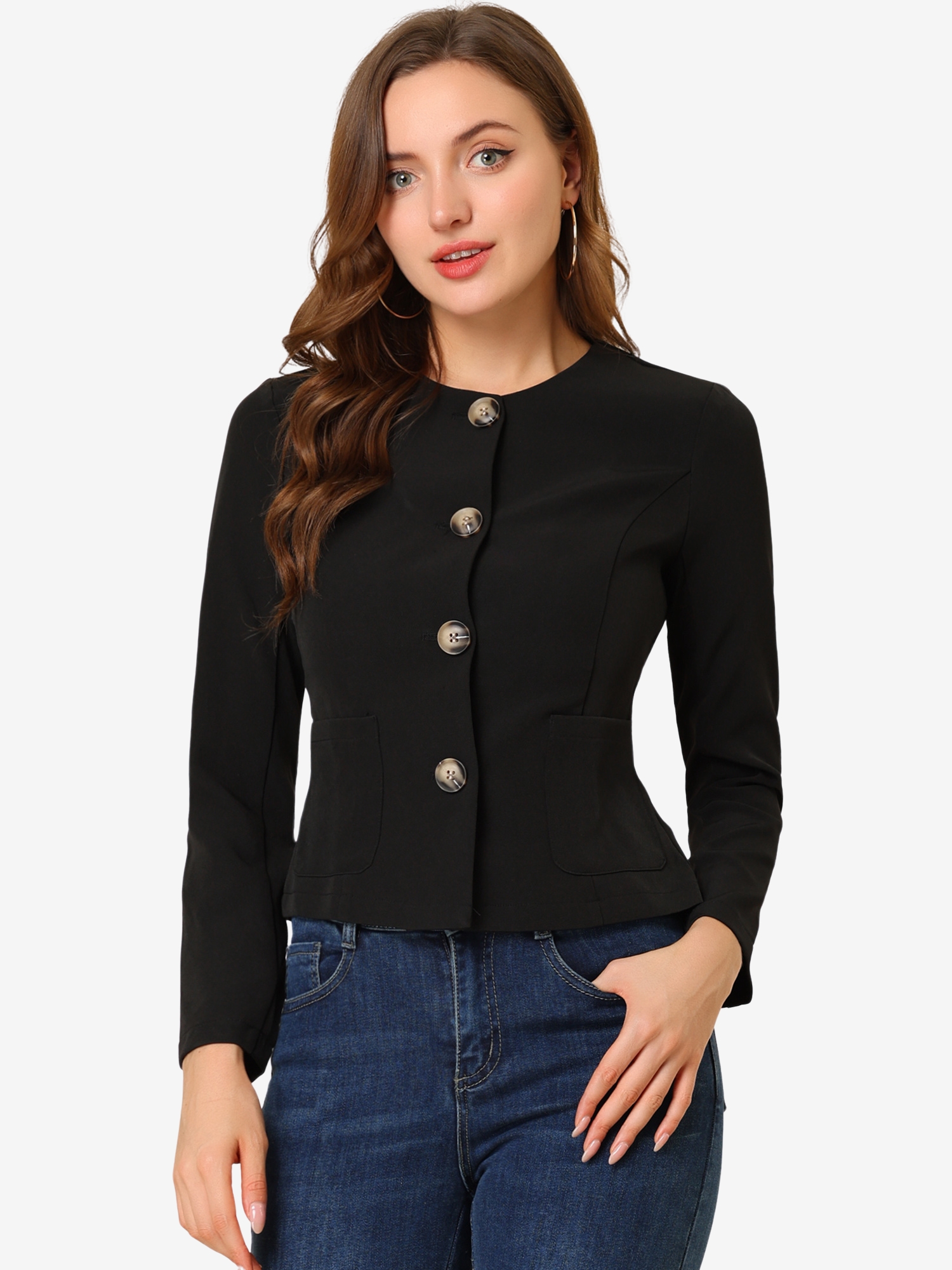 Fall Casual Jacket Elegant Button Front Work Office Blazer Black/L
