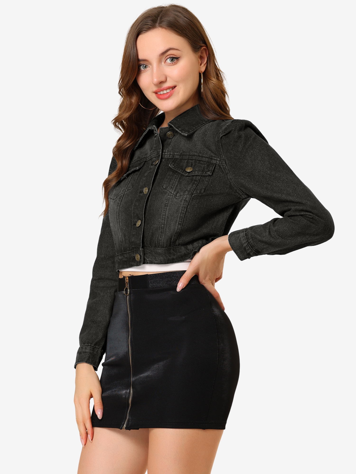 Lightweight Button Down Puff Sleeve Cropped Denim Jacket Black/S