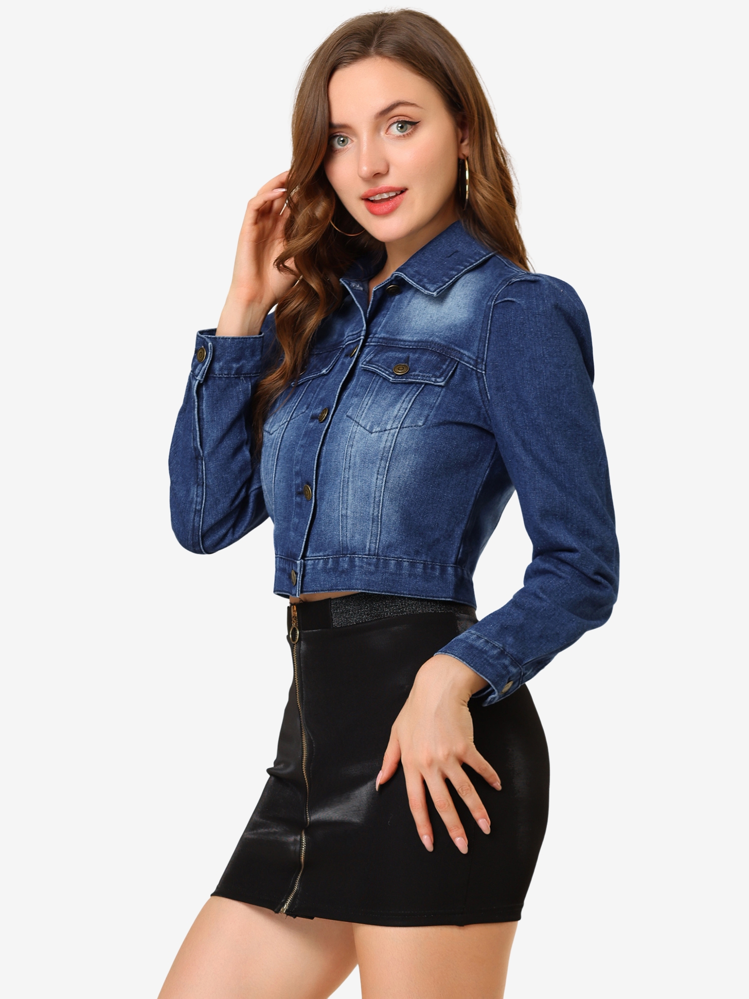 Lightweight Button Down Puff Sleeve Cropped Denim Jacket Dark Blue/L