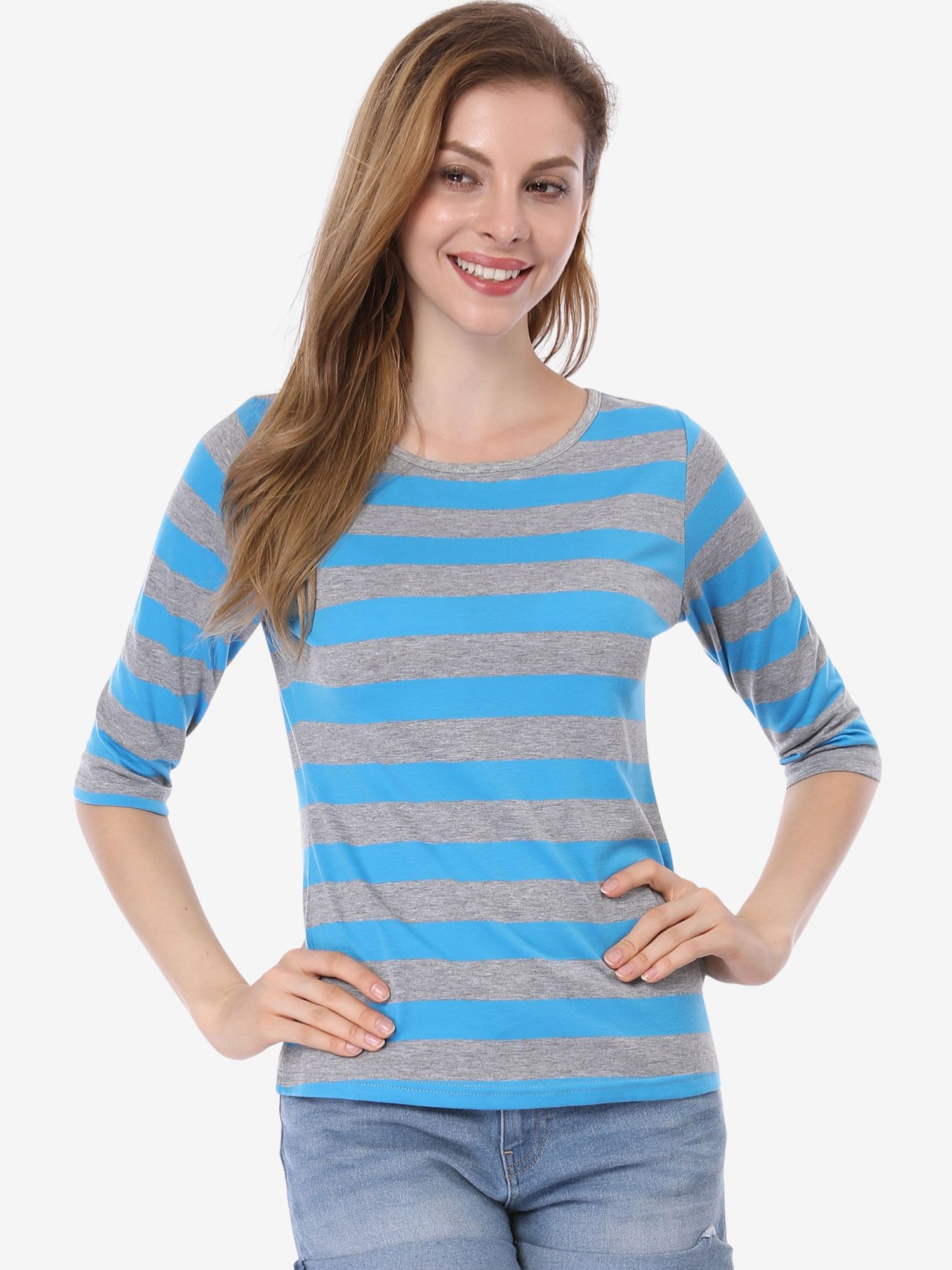 Striped 3/4 Sleeve Round Neck Casual T-Shirt Blue Gray/2XL