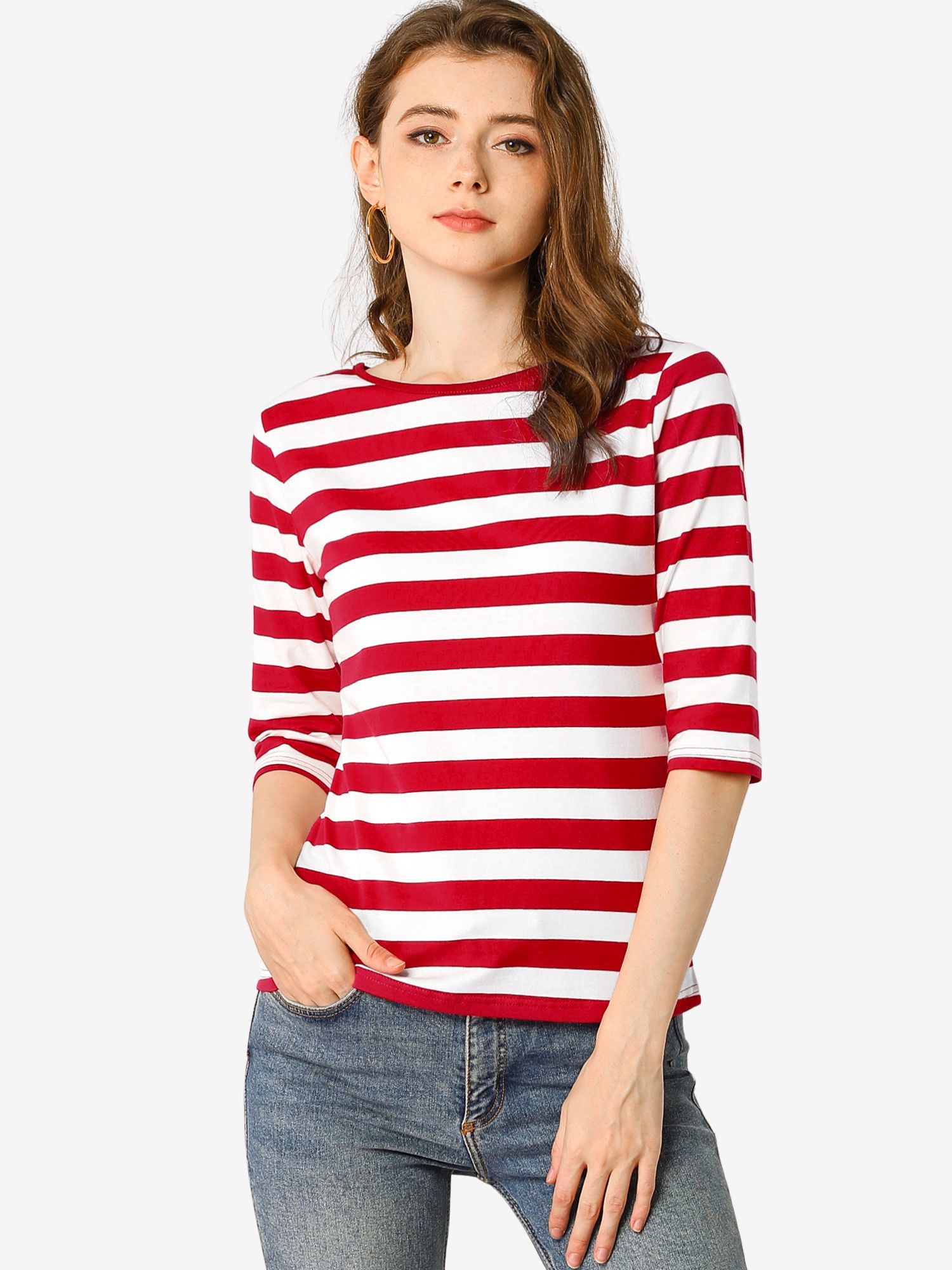 Striped 3/4 Sleeve Round Neck Casual T-Shirt Red White/3XL