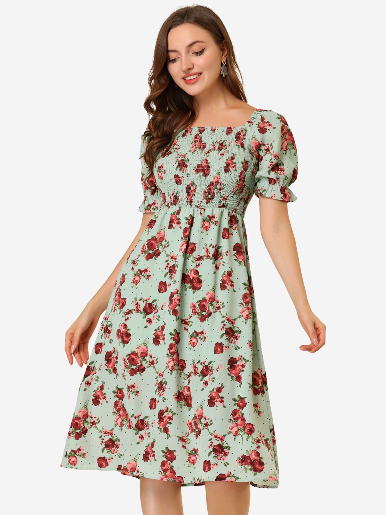Square Neck Puff Sleeve Shirred Floral Casual Midi Dress Green/M