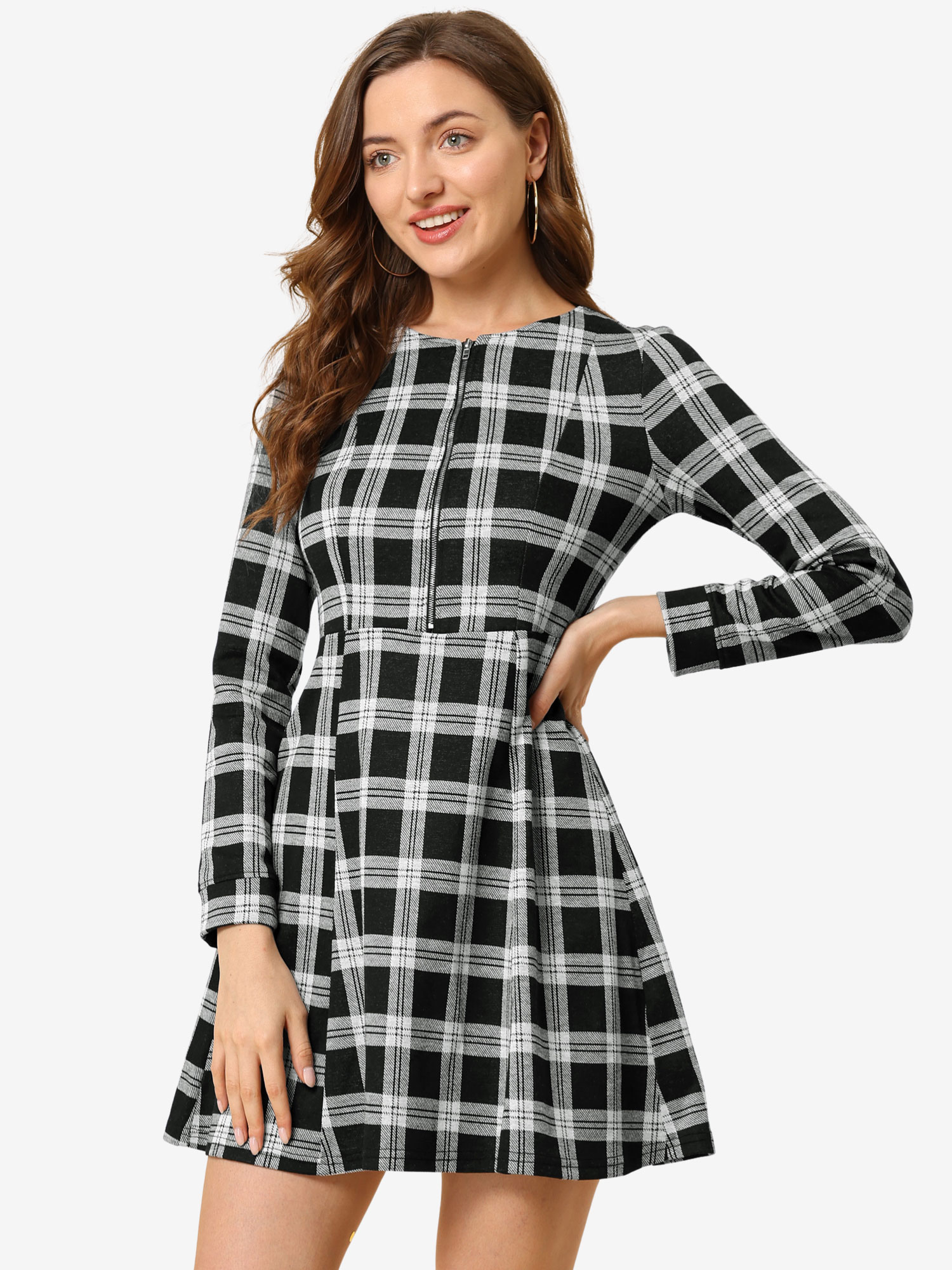 Christmas Plaid Long Sleeve Office Zip Up Fit and Flare Mini Dress Black/S