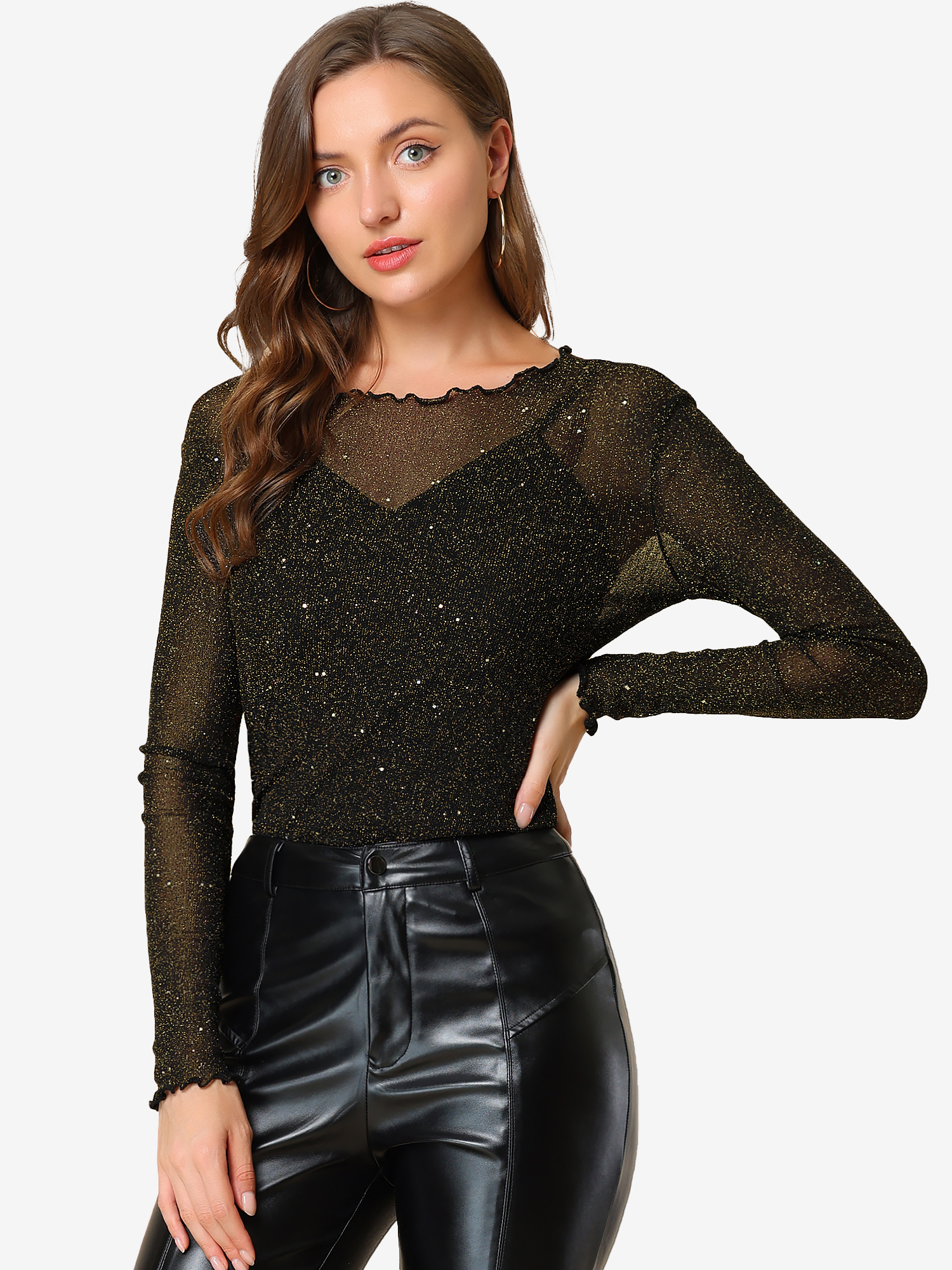 Long Sleeve Mesh Tops Spaghetti Strap Camisole Party Shirt Black Gold/L