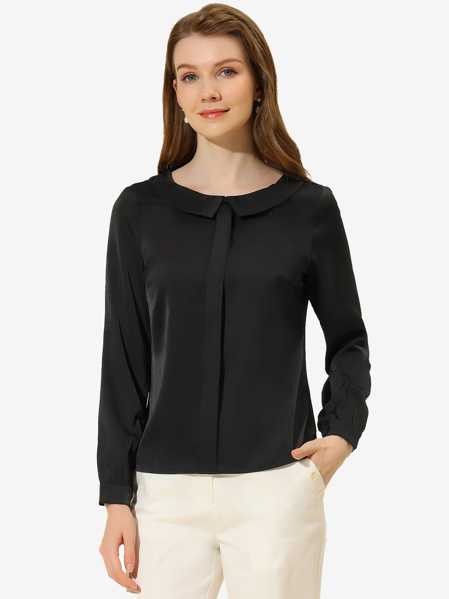Satin Peter Pan Collar Shirt Office Elegant Top Work Blouse Black/S