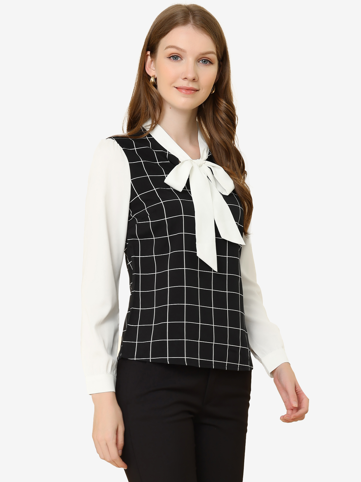 Work Plaid Contrast Color Bow Tie Neck Long Sleeve Blouse Black/S