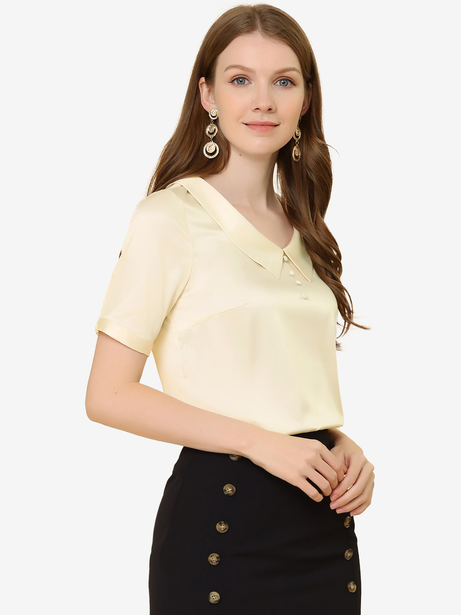 Work Top Turndown Collar Button Decor Short Sleeve Satin Blouse Beige/XL