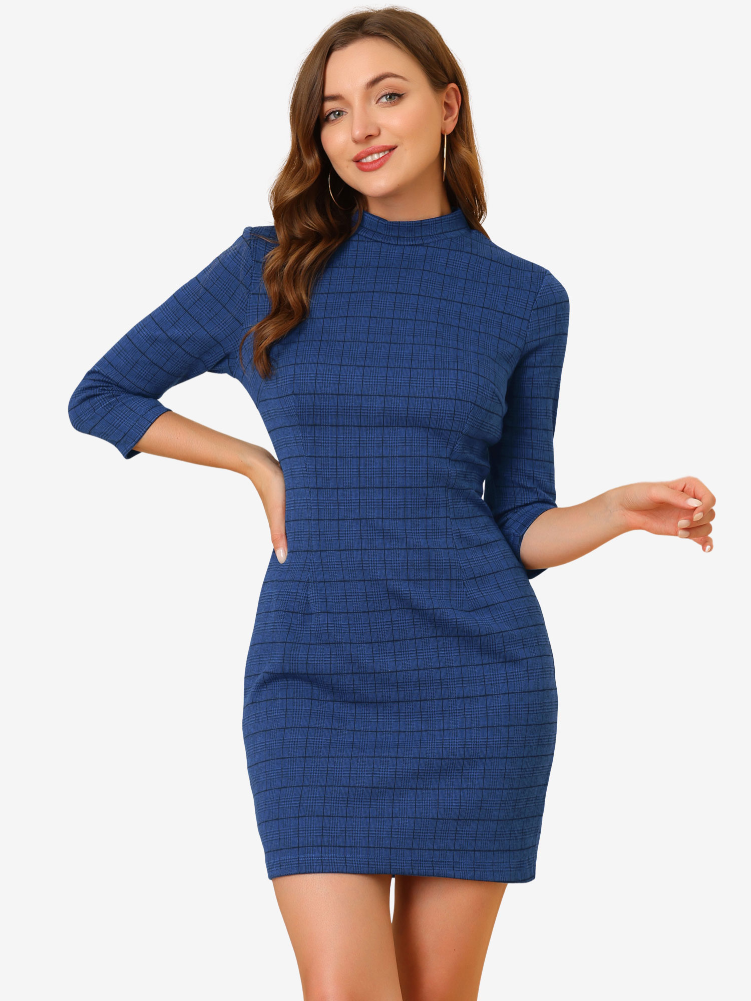 Mock Neck 3/4 Sleeve Slim Check Office Work Plaid Dress Blue/S