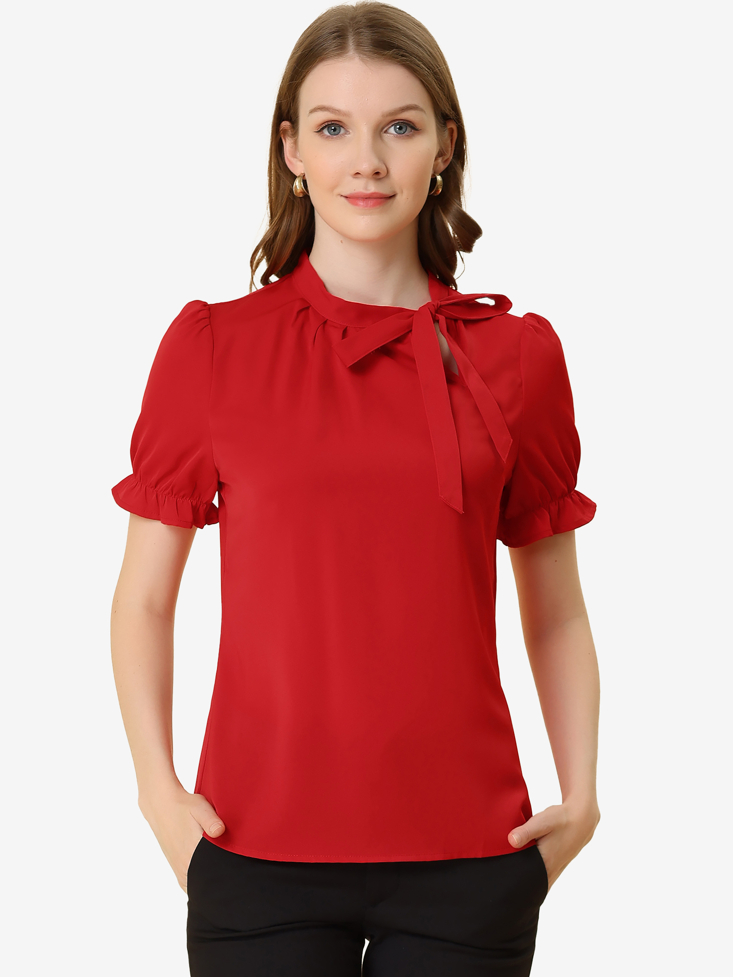 Bow Tie Neck Elegant Office Short Sleeve Blouse Red/XS