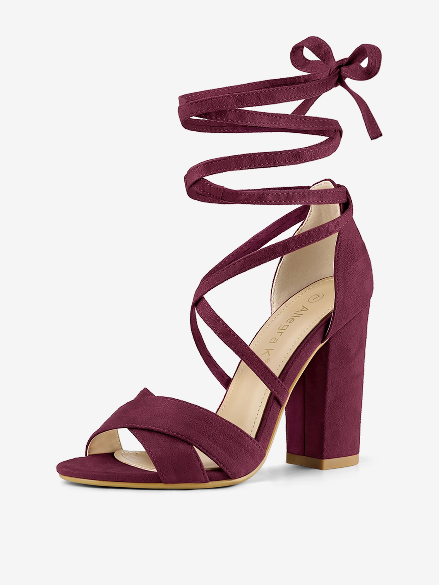 Faux Suede Crisscross Front Block Heel Lace Up Sandals Burgundy/6.5