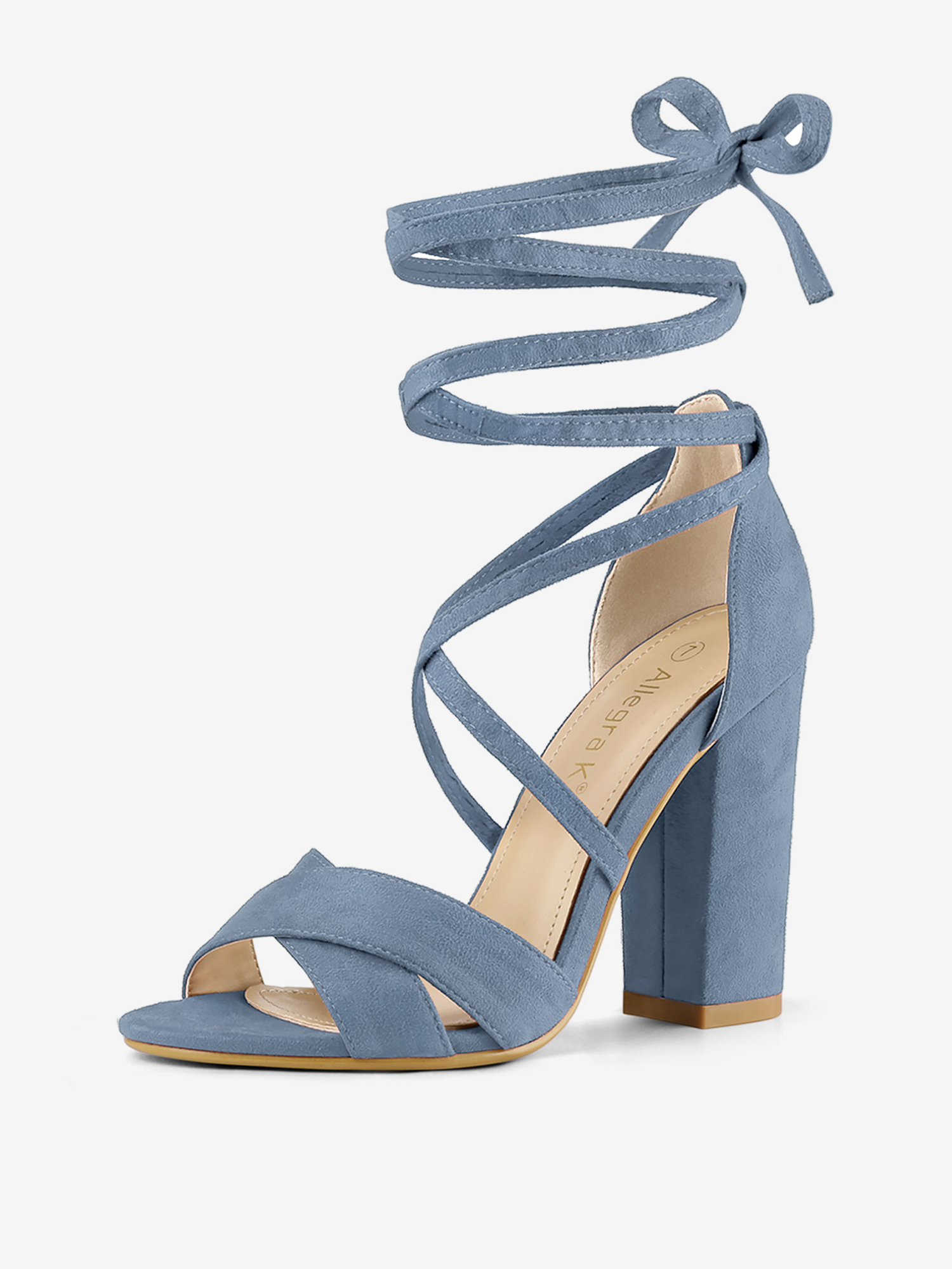 Faux Suede Crisscross Front Block Heel Lace Up Sandals Light Blue/6.5