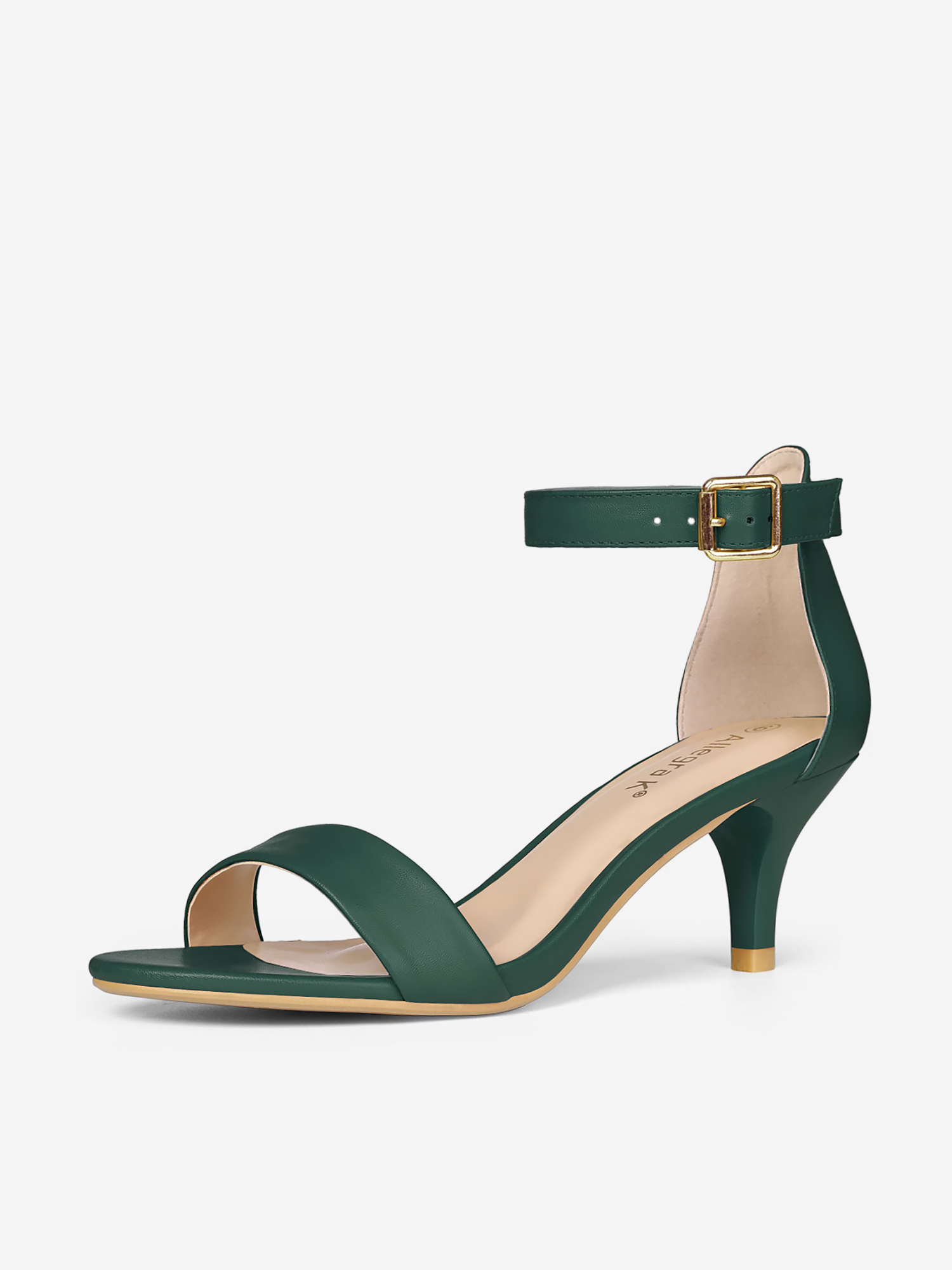 Faux Leather Open Toe Ankle Strap Kitten Heel Sandals Dark Green/6