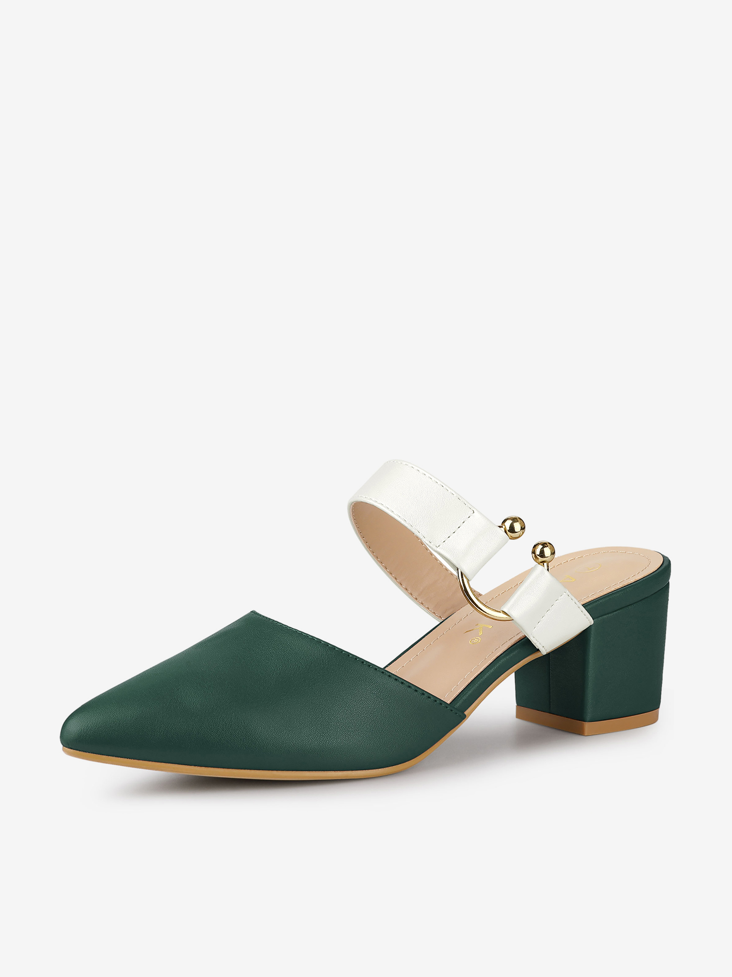 Pointed Toe Chunky Heel Dress Mules Pumps Green White/5
