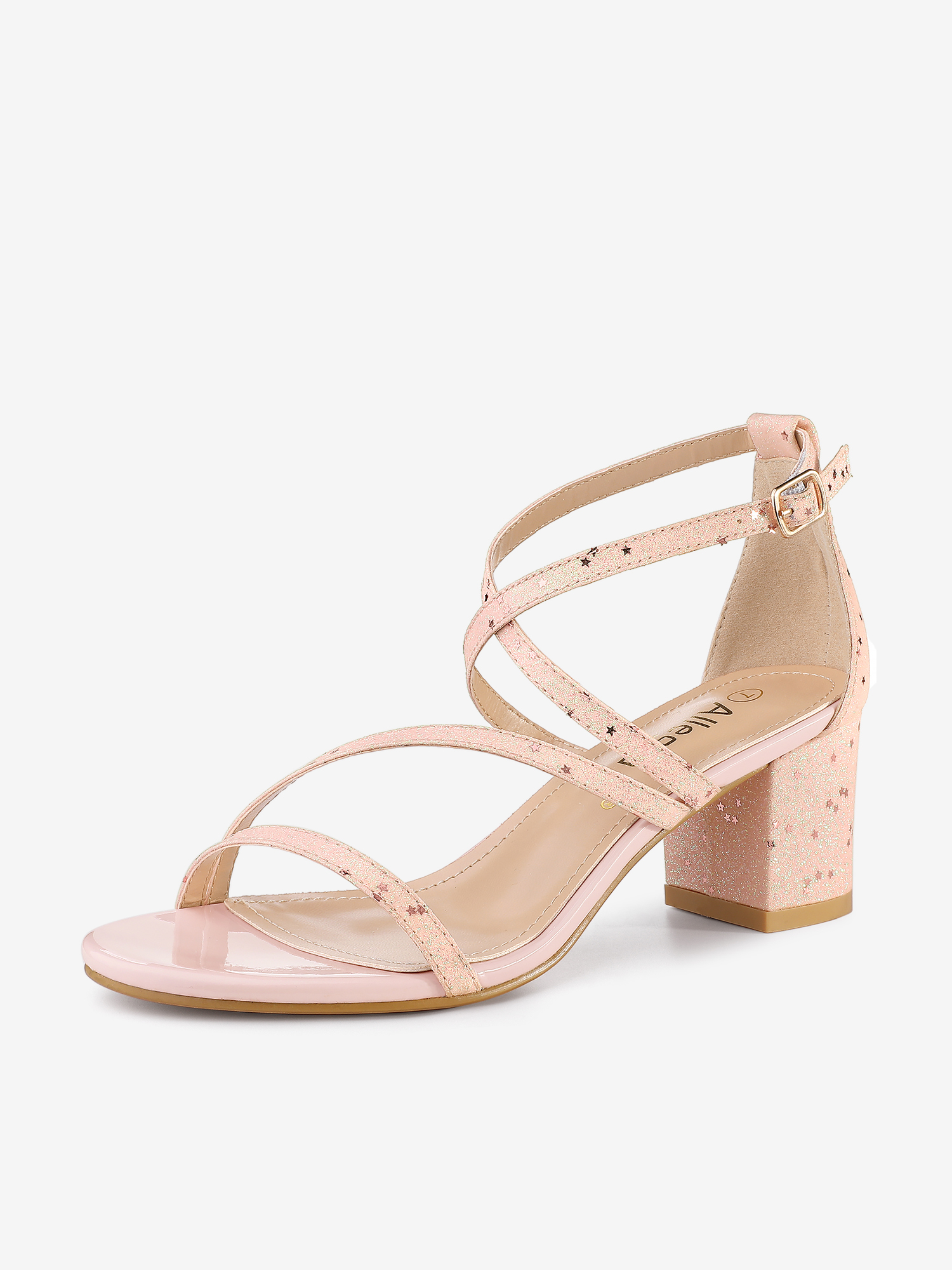 Glitter Crisscross Strap Chunky Heel Sandals Pink stars/7.5