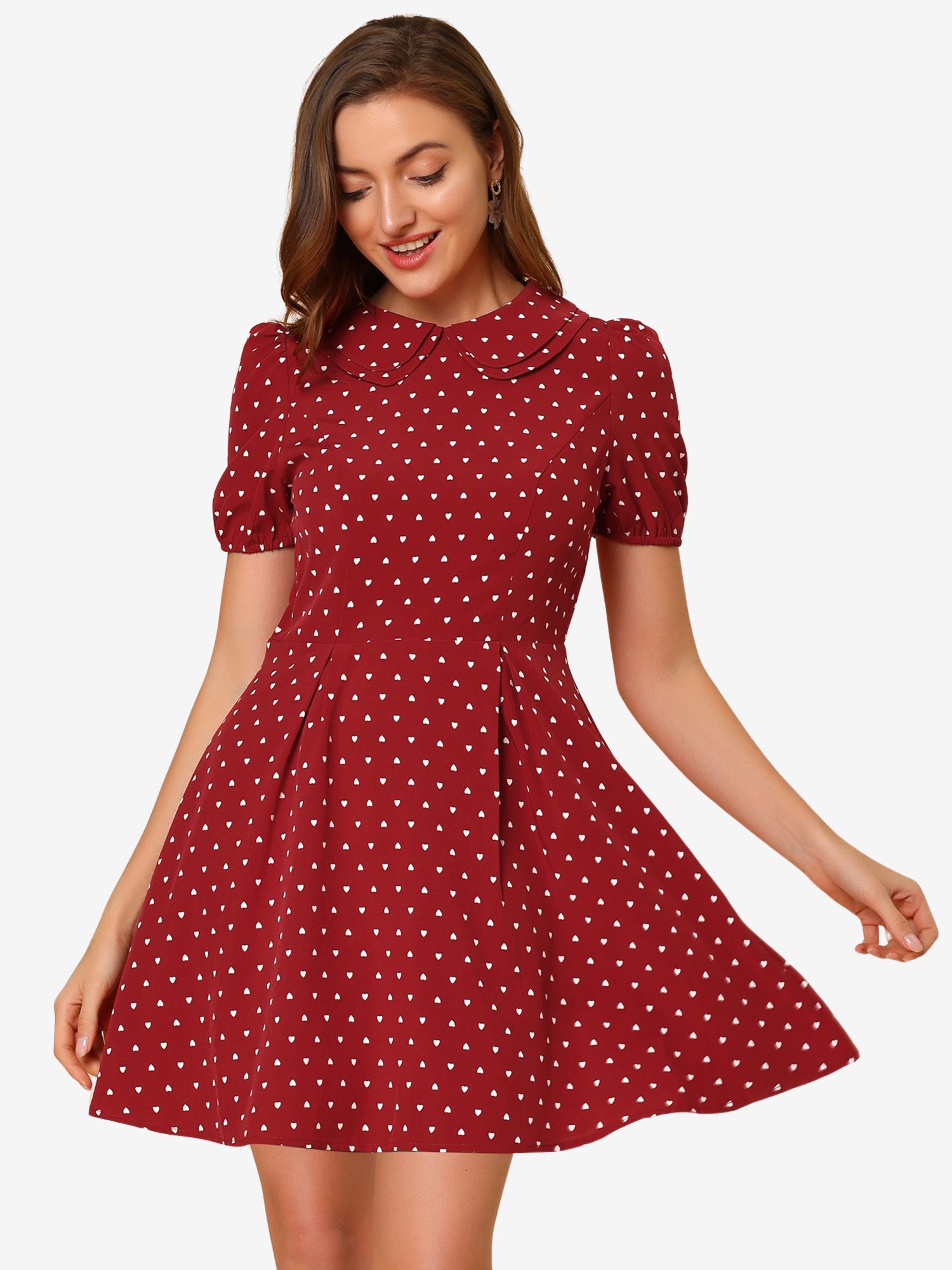 Heart Print Short Sleeve A-Line Peter Pan Collar Mini Dress Wine Red/XL