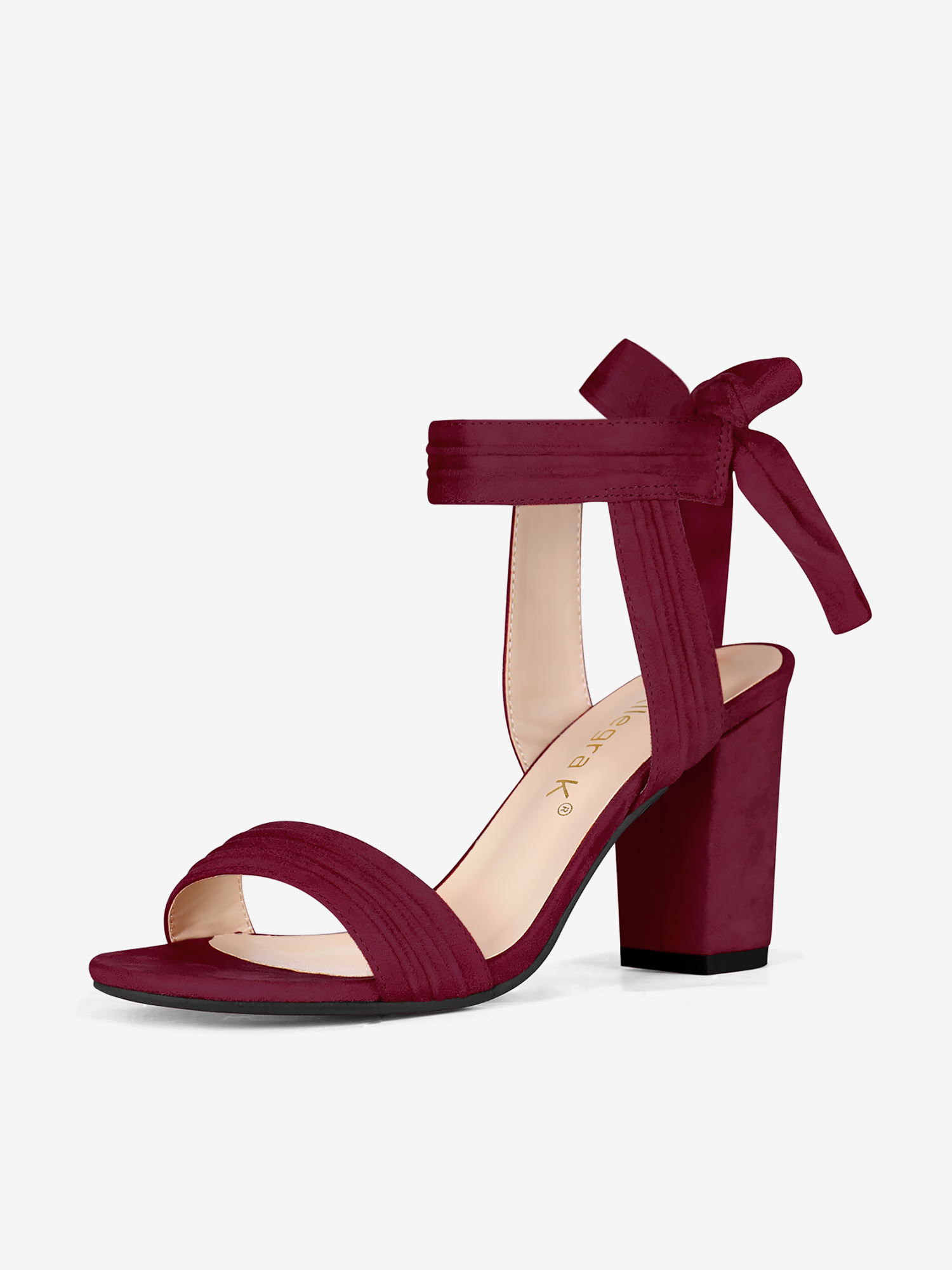 Faux Suede Open Toe Ankle Tie Back Chunky Heel Sandals Burgundy/9