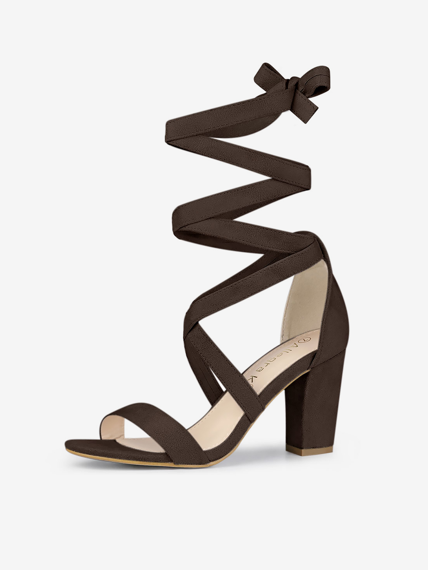 Faux Suede Crisscross Lace Up Block Mid Heel Sandals Coffee/7