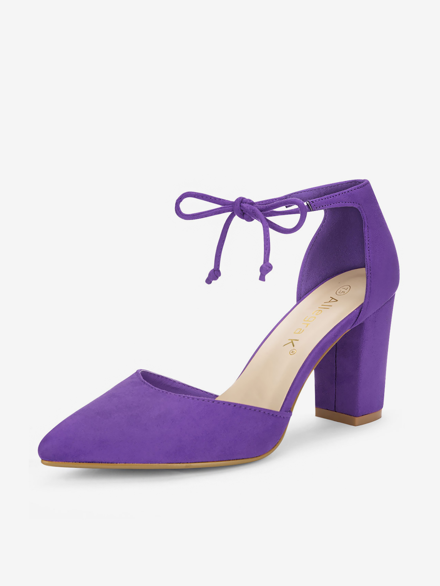 Tapered Straps Ankle Tie Point Toe Chunky Heel Pumps Purple/6