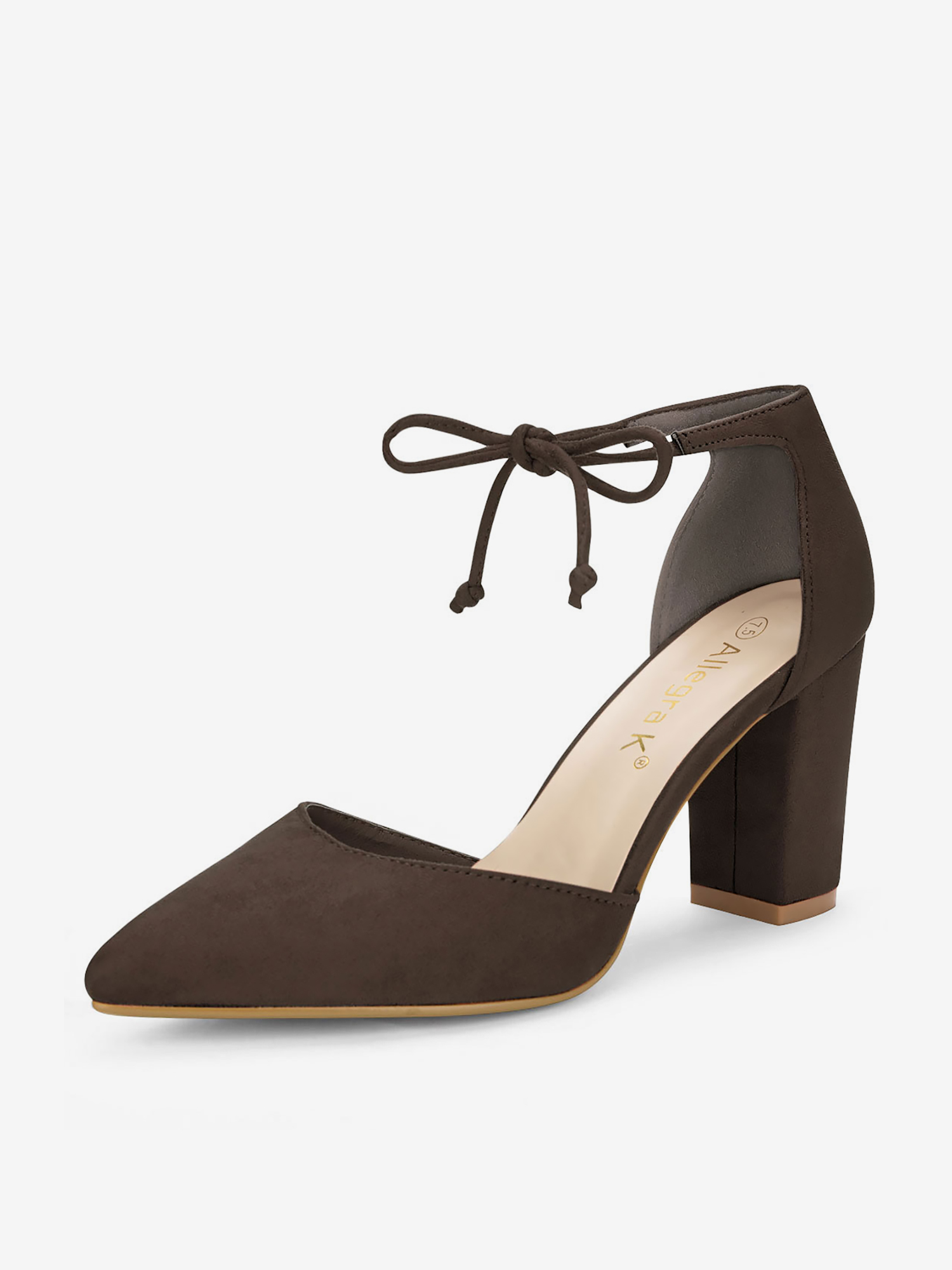 Tapered Straps Ankle Tie Point Toe Chunky Heel Pumps Coffee/9