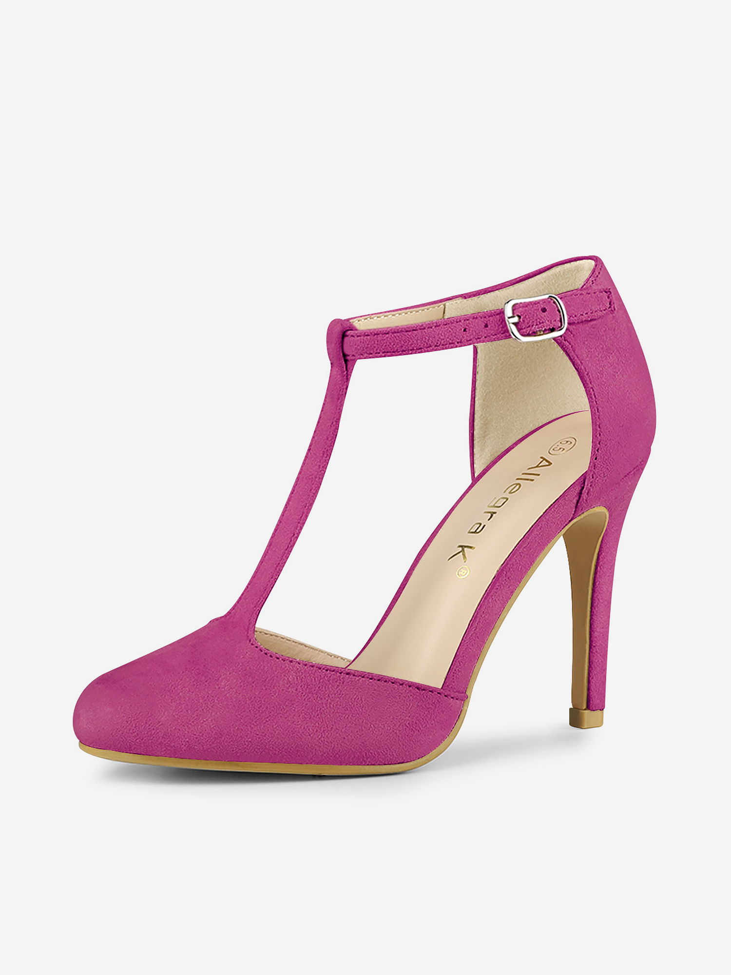 Faux Suede Round Toe Stiletto Heel T-Strap Dress Pumps Hot Pink/5.5