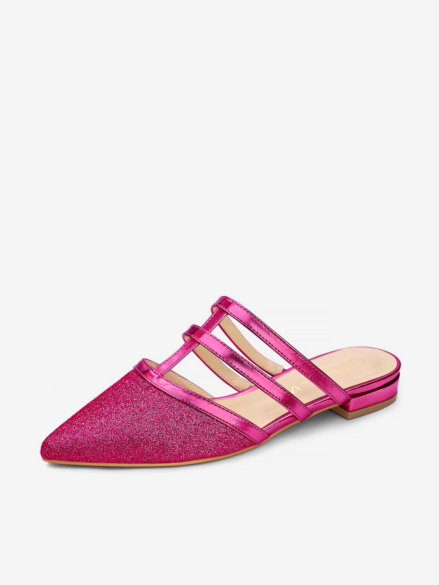 Glitter Pointed Toe T Strap Slip On Flats Mules Hot Pink/7