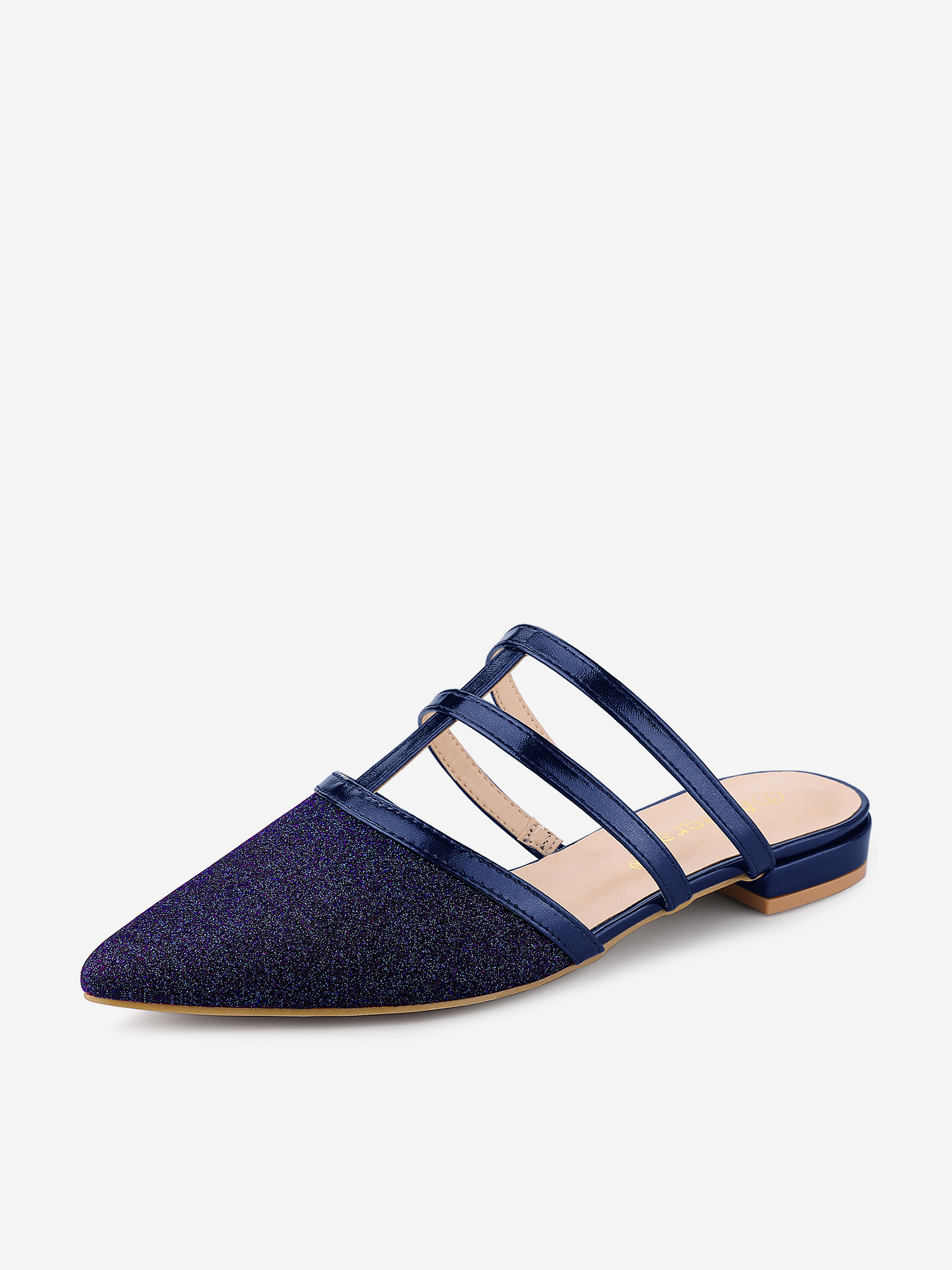 Glitter Pointed Toe T Strap Slip On Flats Mules Deep Blue/5