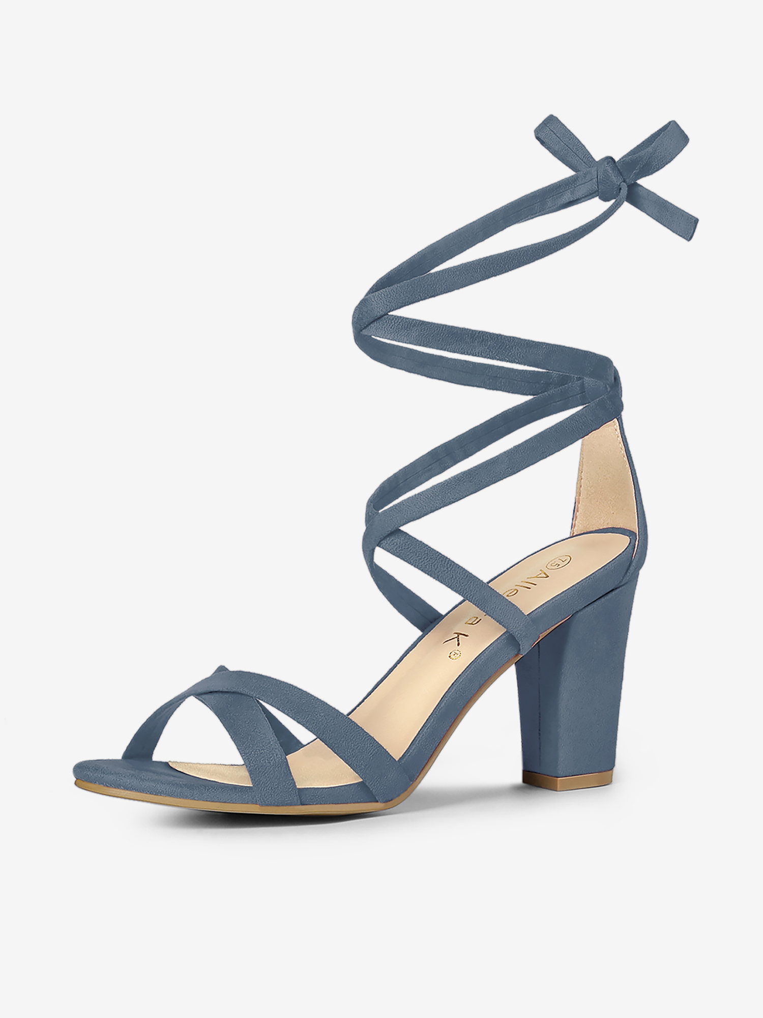Elegant Faux Suede Ankle Lace Up High Block Heel Sandals Haze blue/7.5