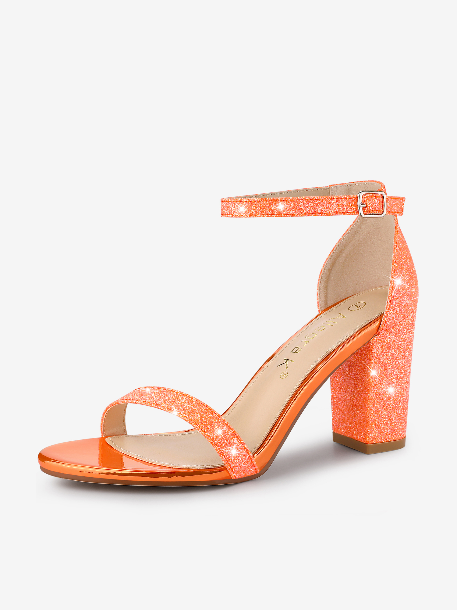 Glitter Ankle Strap Chunky Heel Sandals Orange/9