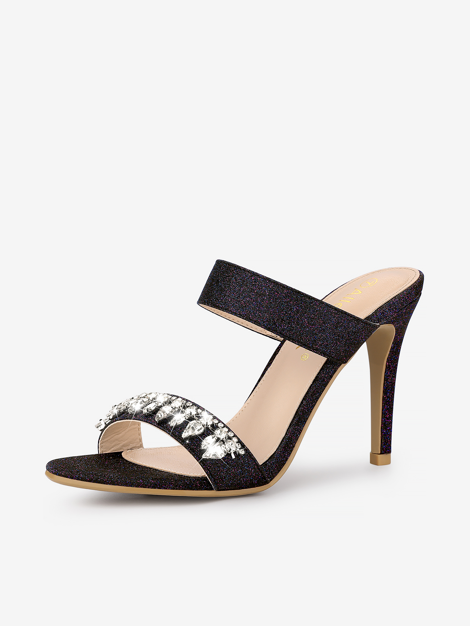 Open Toe Glitter Rhinestone Decor Stiletto Heel Sandals Black/7