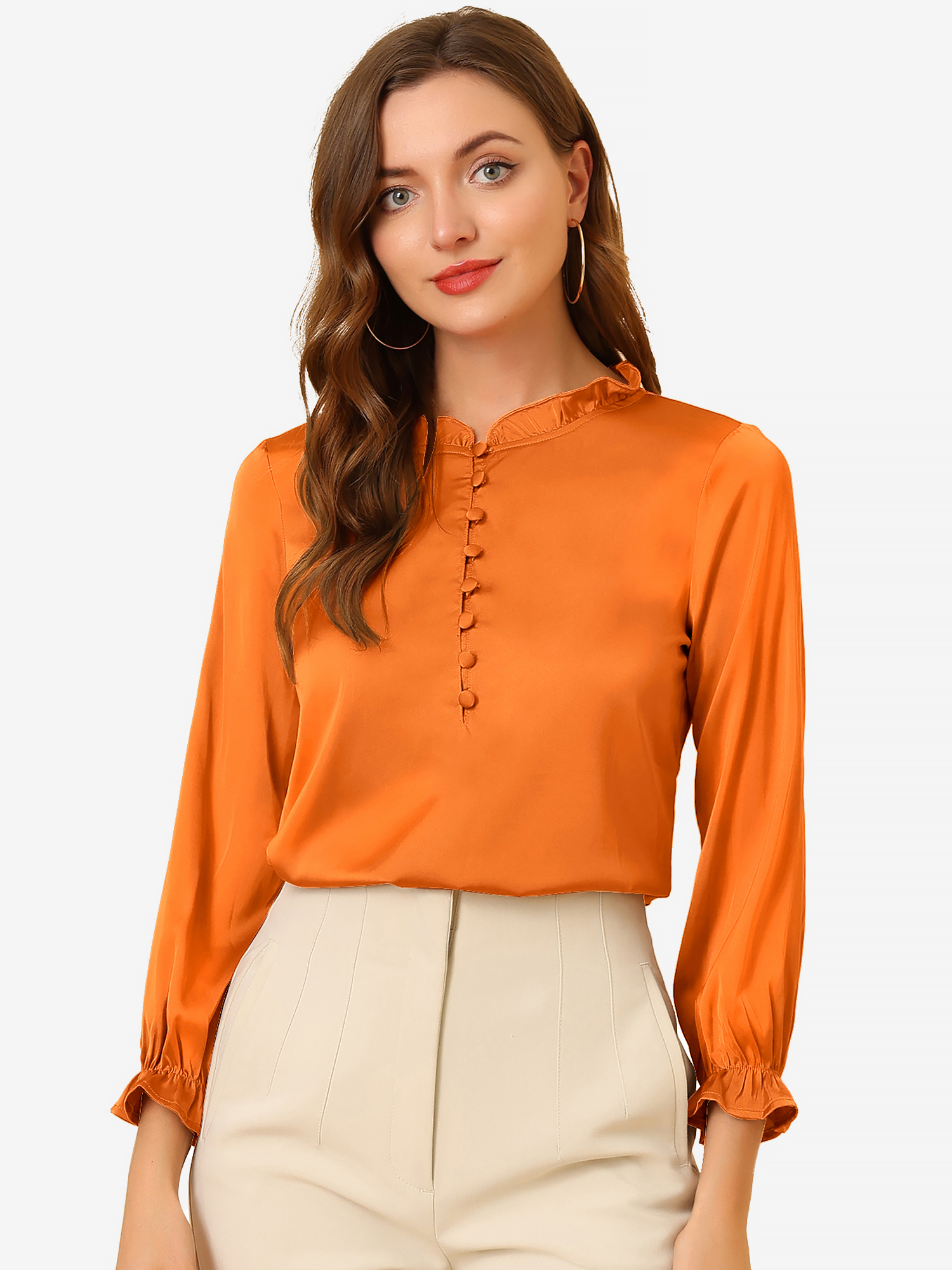 Ruffle Neck Bubble Sleeve Elastic Cuff Button Satin Blouse Caramel/S