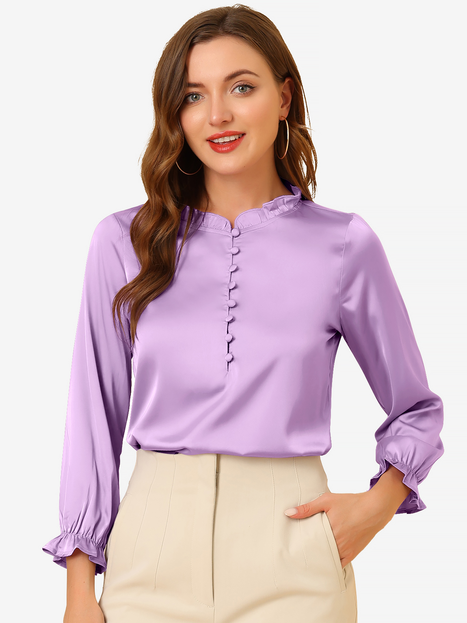 Ruffle Neck Bubble Sleeve Elastic Cuff Button Satin Blouse Lavender/L