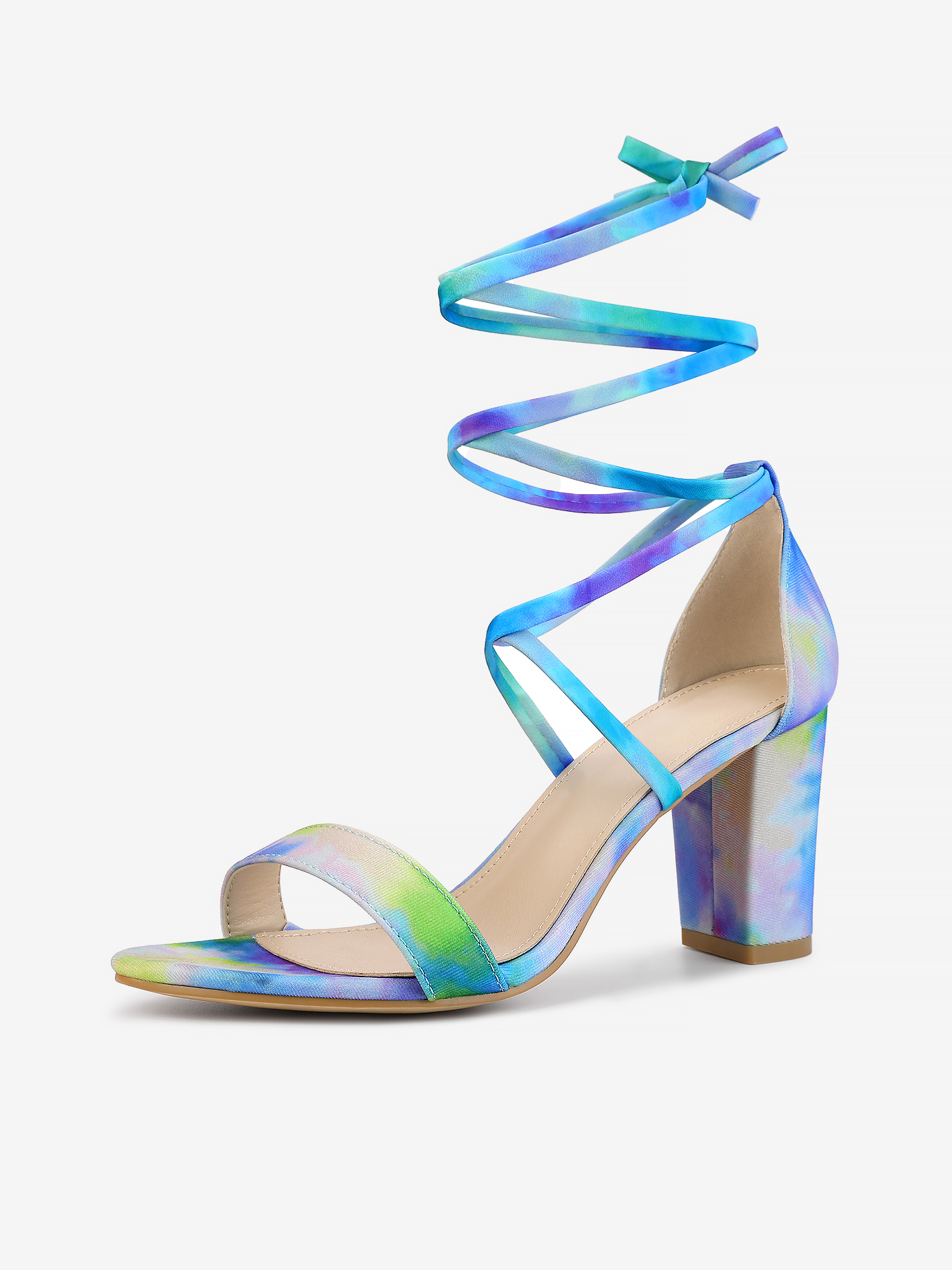 Tie Dye Lace Up Open Toe Strappy Chunky Heel Sandals Cyan/9