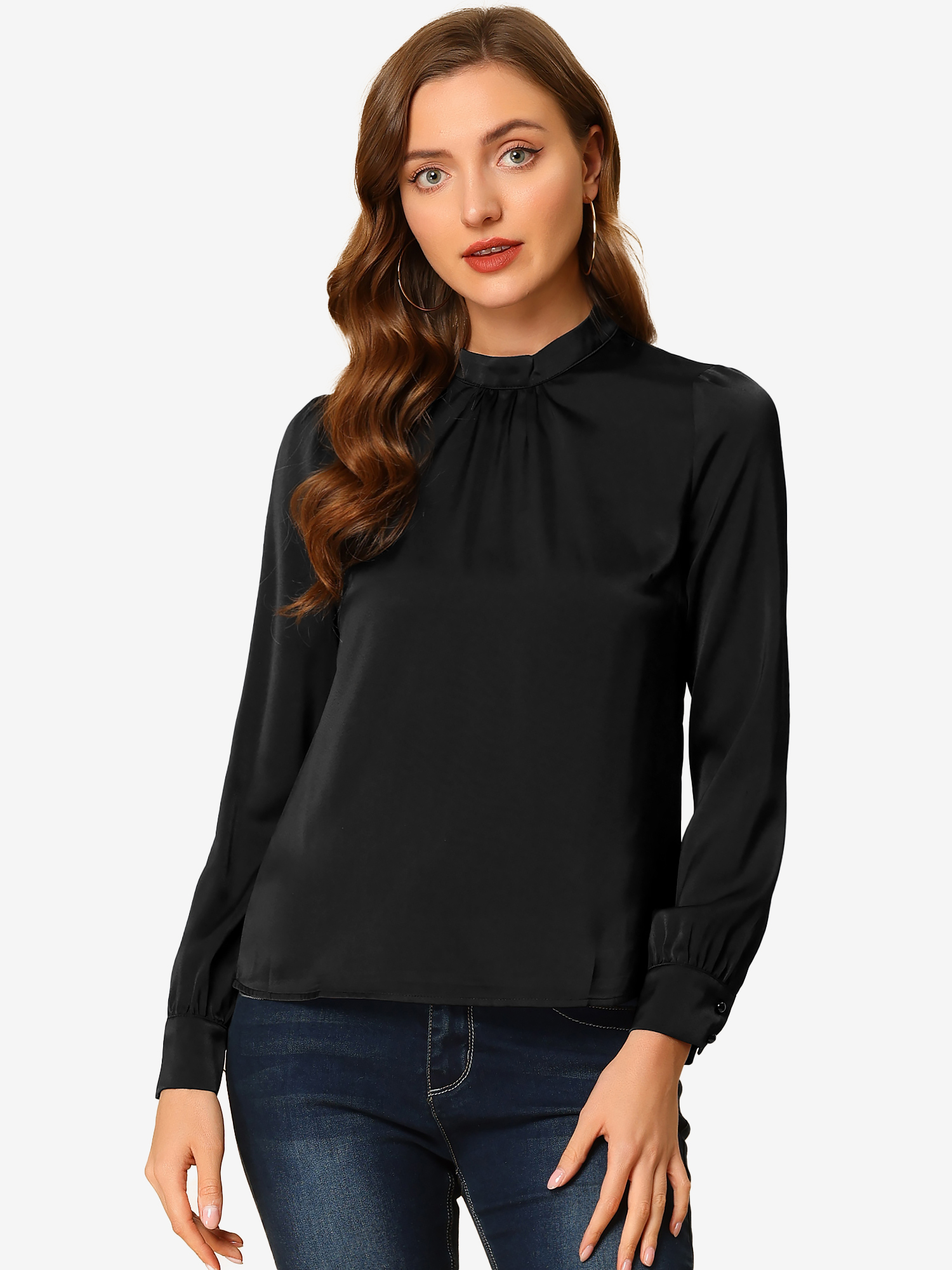 Satin Blouse Puff Sleeve Stand Collar Work Top Black/M