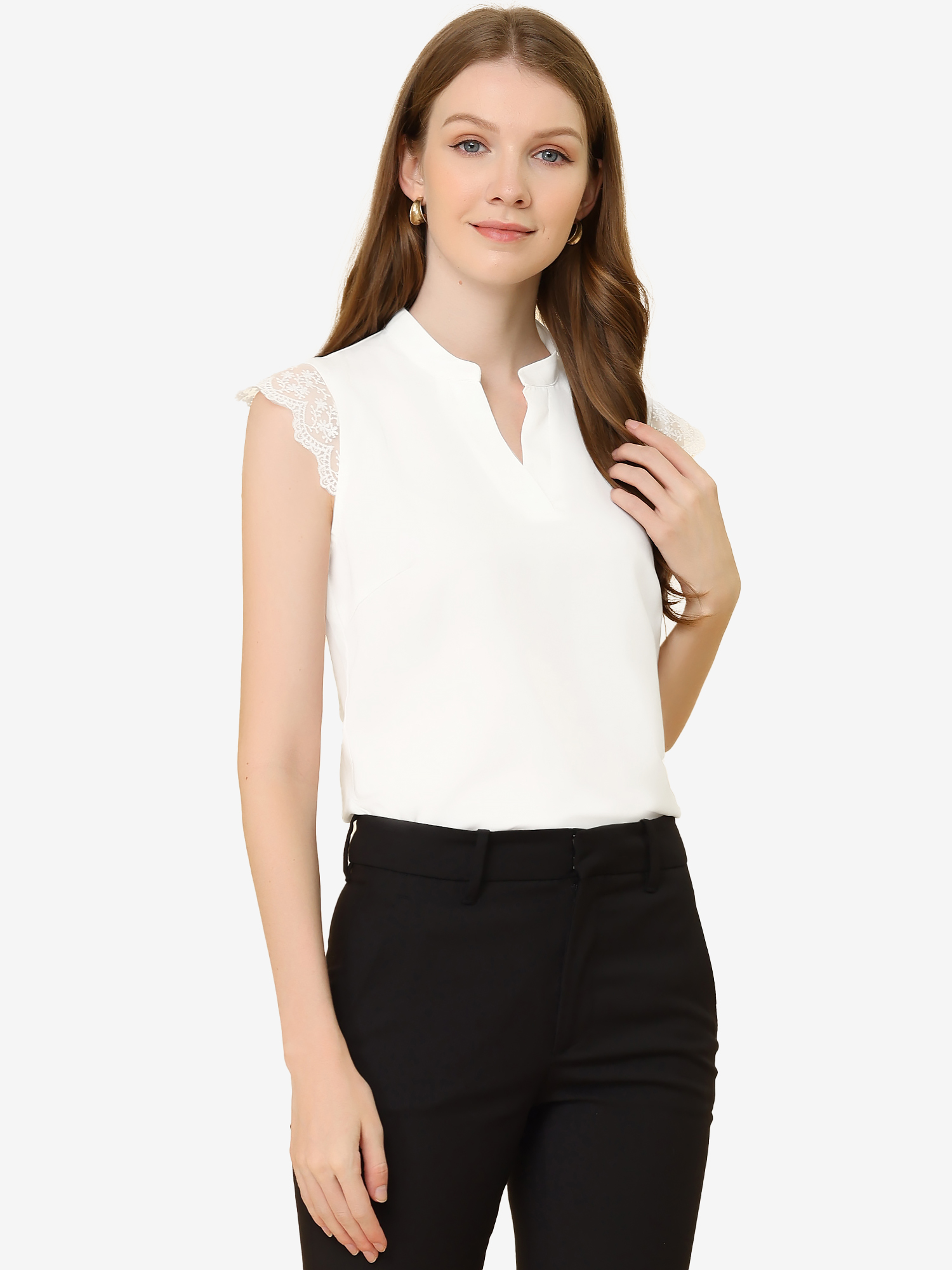 Work Top Office Lace Cap Sleeve Basic Shirt Blouse White/XL