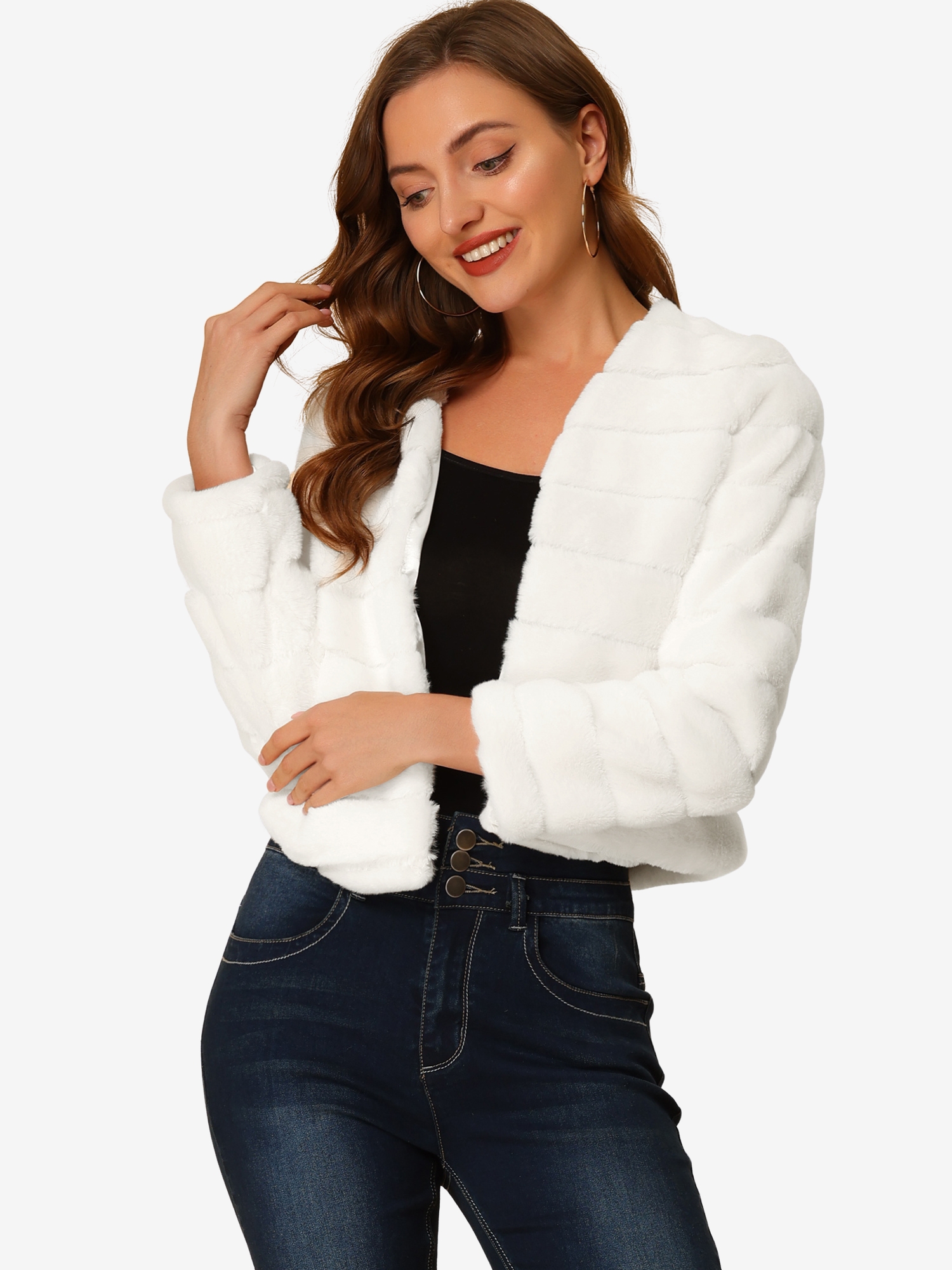 Winter Warm Cropped Jacket Collarless Faux Fur Fluffy Coat White/XL
