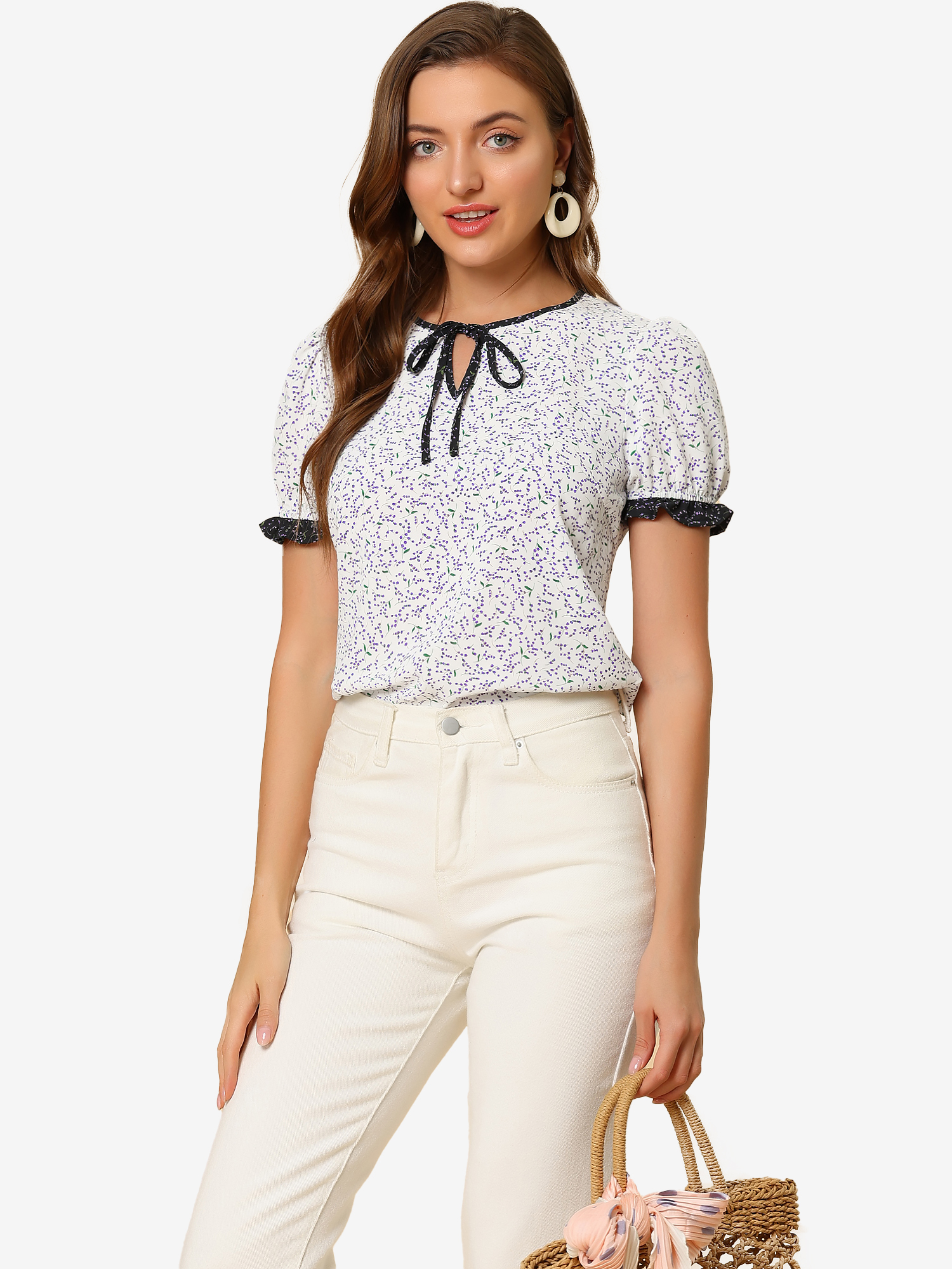 Tie Neck Contrast Trim Short Sleeve Floral Blouse Tops White/L