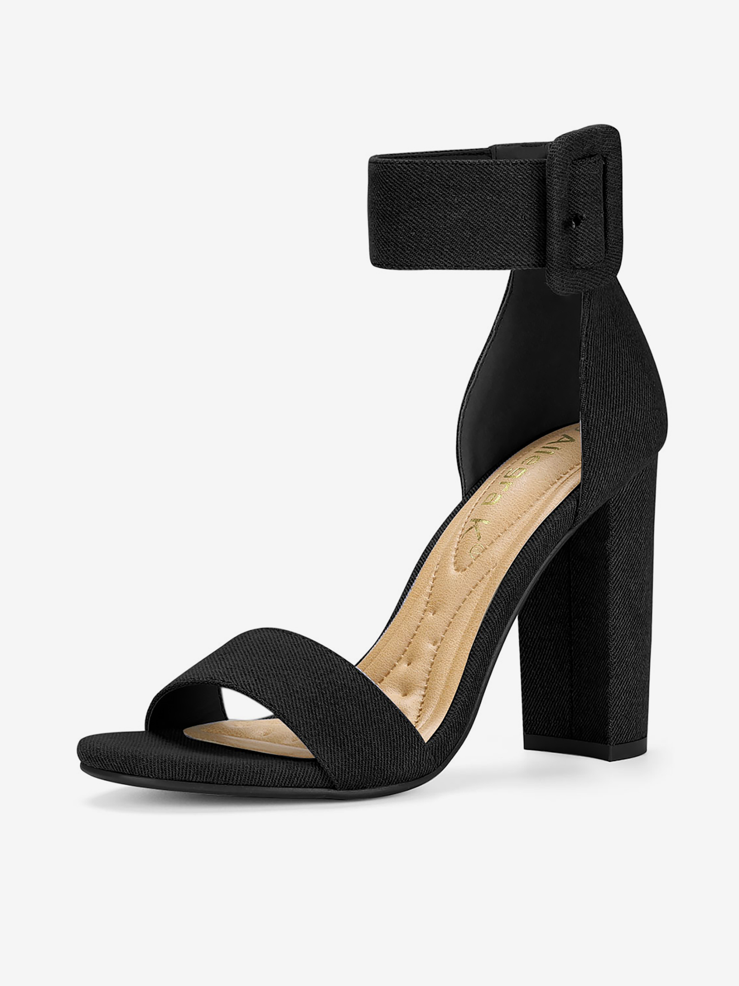 Buckle Decor Back Zip Ankle Strap Block High Heel Sandals Denim Black/9