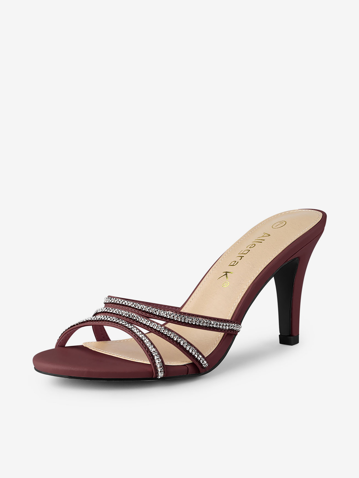 PU Leather Rhinestone Decor Strappy Mid Heel Mules Burgundy/11