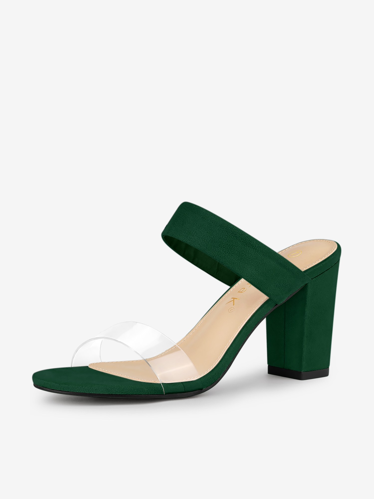Open Toe Dual Clear Strap Block Heel Slides Mules Sandals Green/7