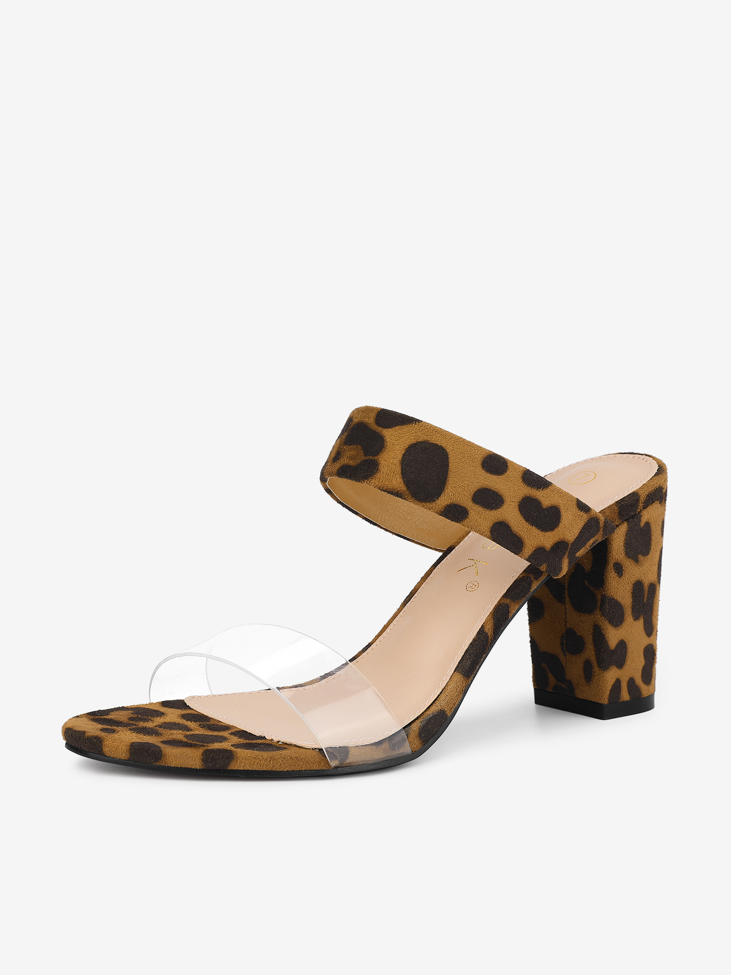Open Toe Dual Clear Strap Block Heel Slides Mules Sandals Leopard/6