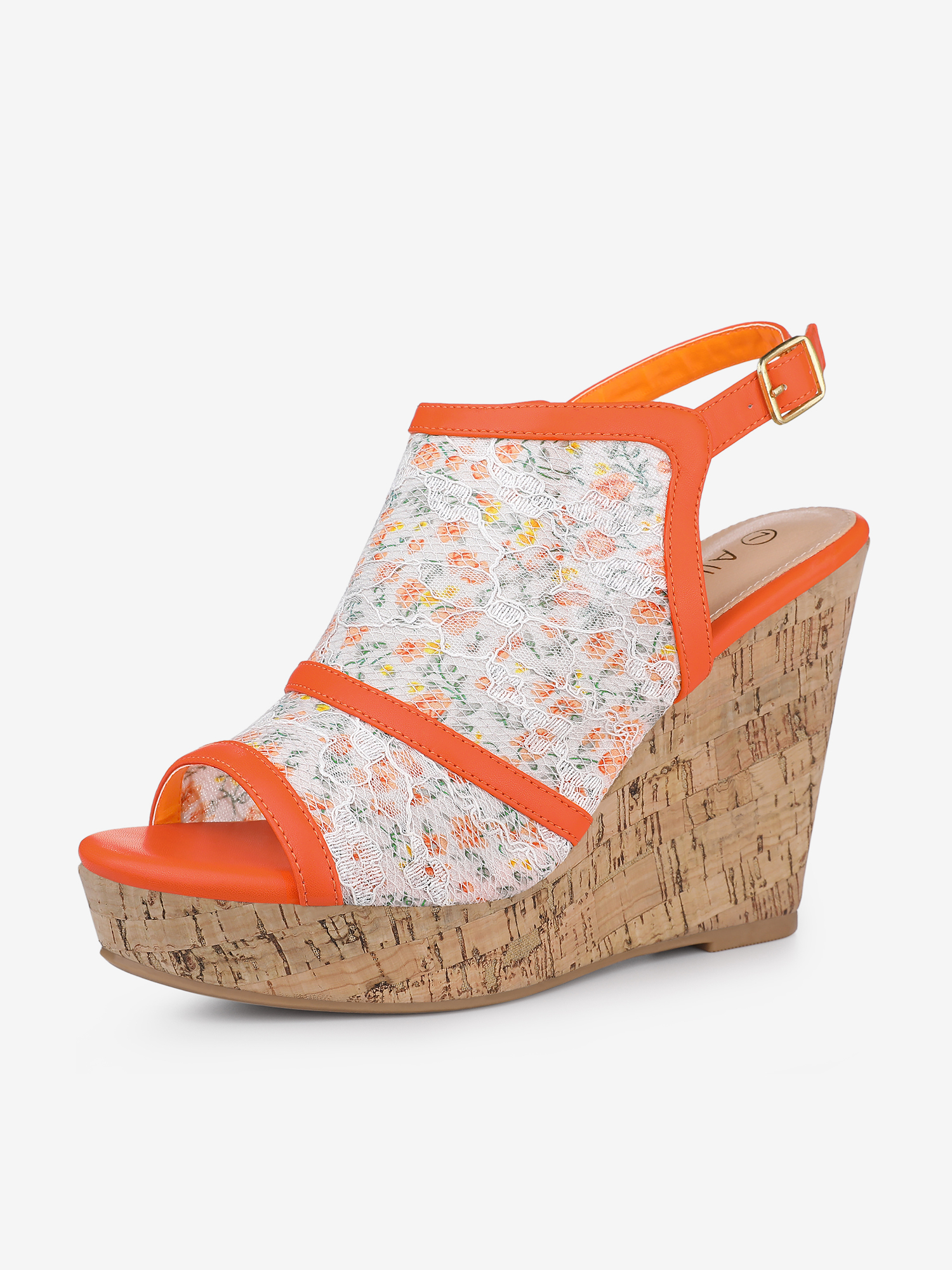 Open Toe Platform Heel Lace Wedge Slingback Sandals Orange Flower/5.5
