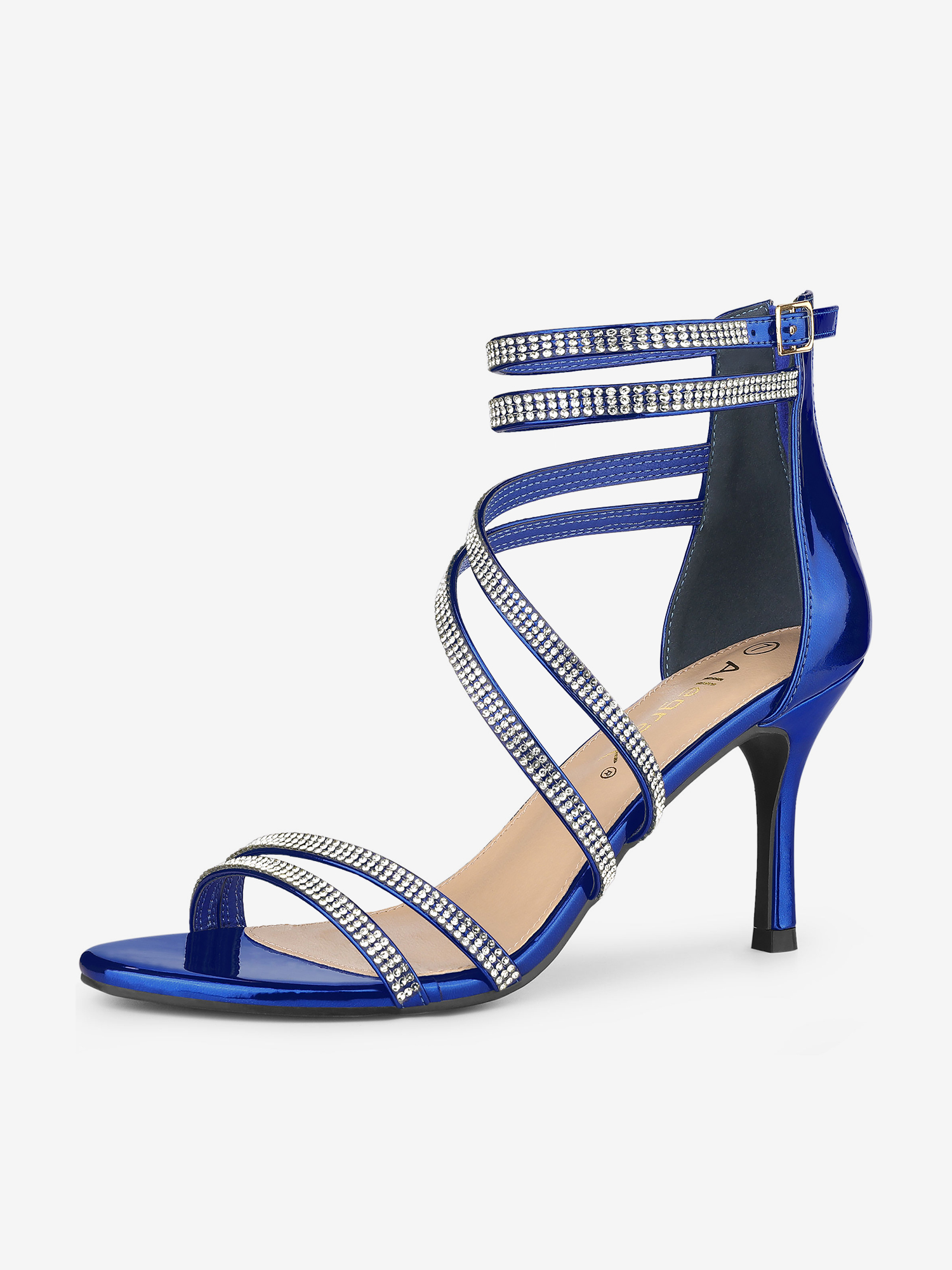 Ankle Strap Rhinestone Stiletto Heel Sandals Navy Blue/6