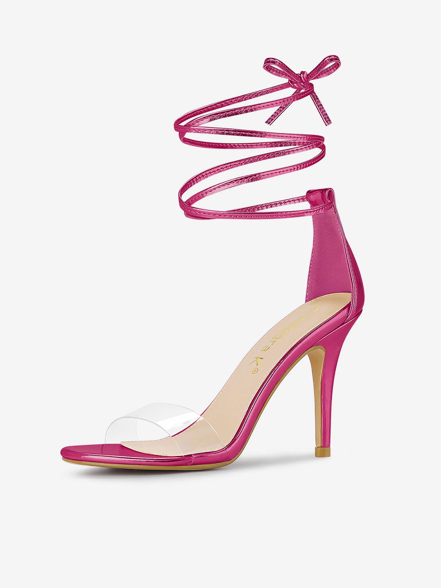 PU Clear Strap Stiletto Heel Ankle Lace Up Sandals Hot Pink/7