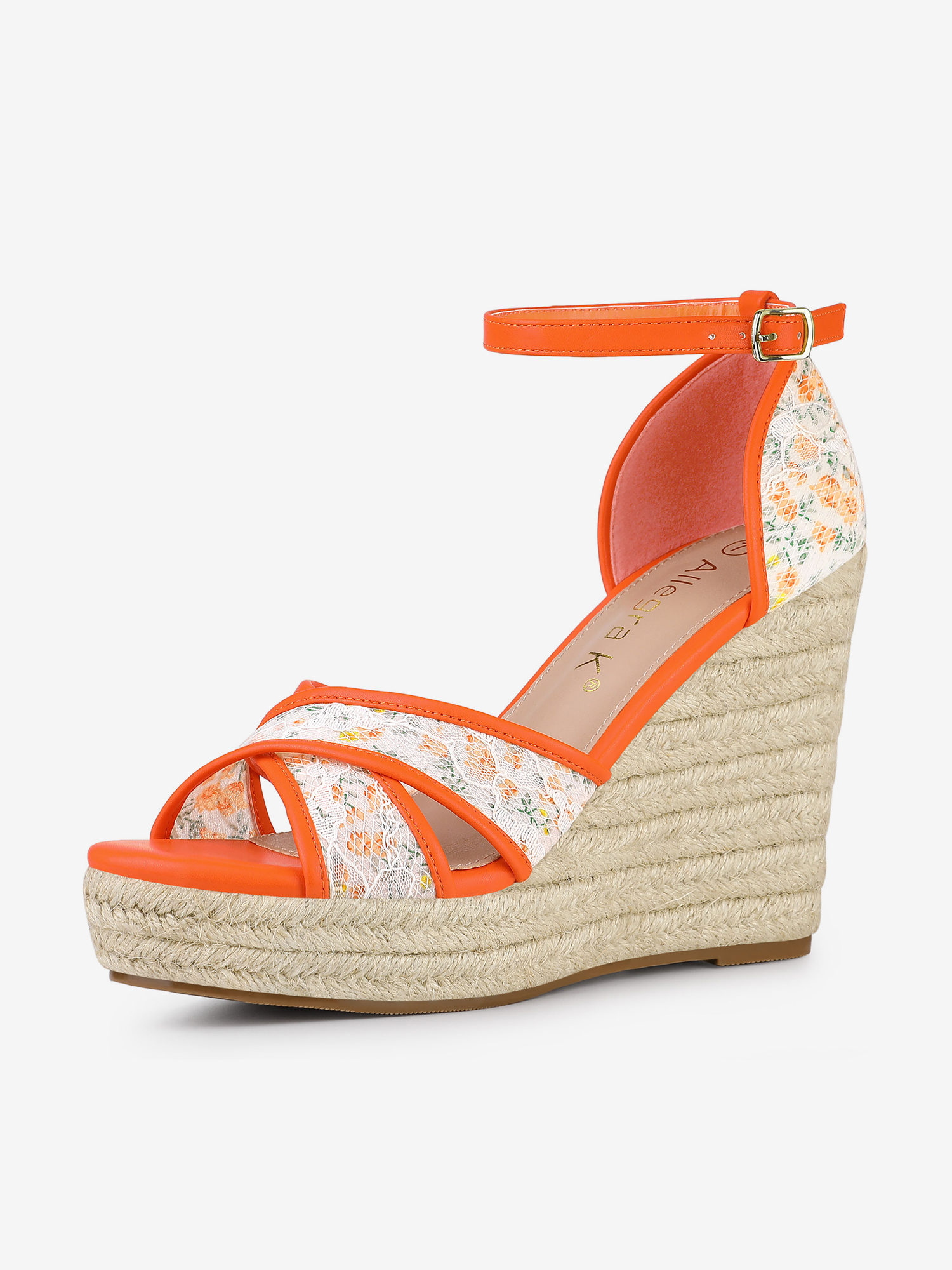 Lace Strapy Round Toe Espadrilles Wedges Sandals Orange Flower/6