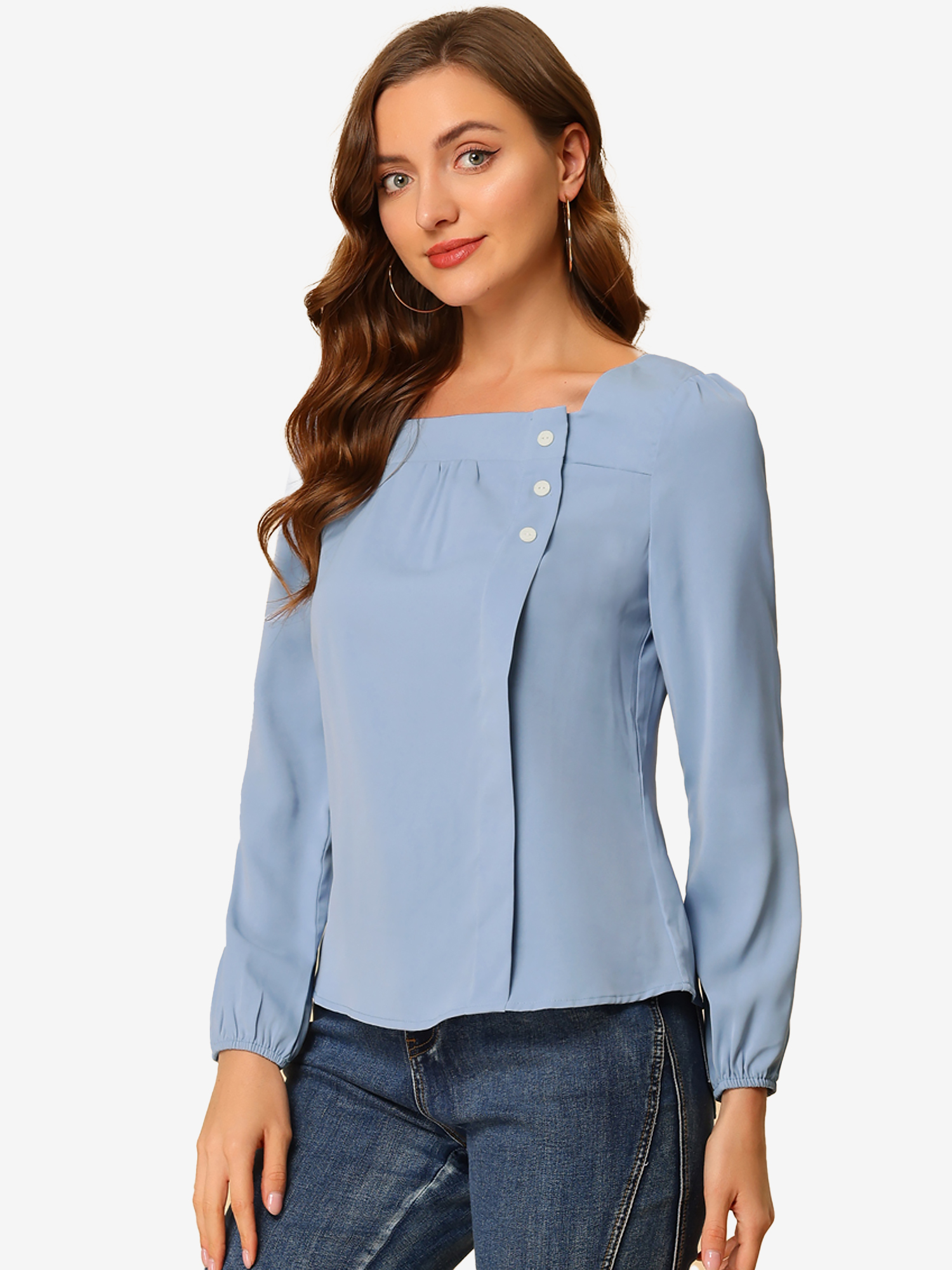 Long Sleeve Casual Solid Square Neck Top Blue Gray/L