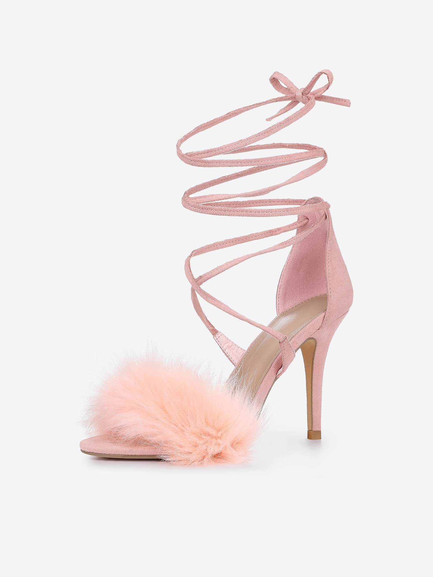 Faux Fur Stiletto Heel Lace Up Ankle Wrap Tie Sandals Pink/10