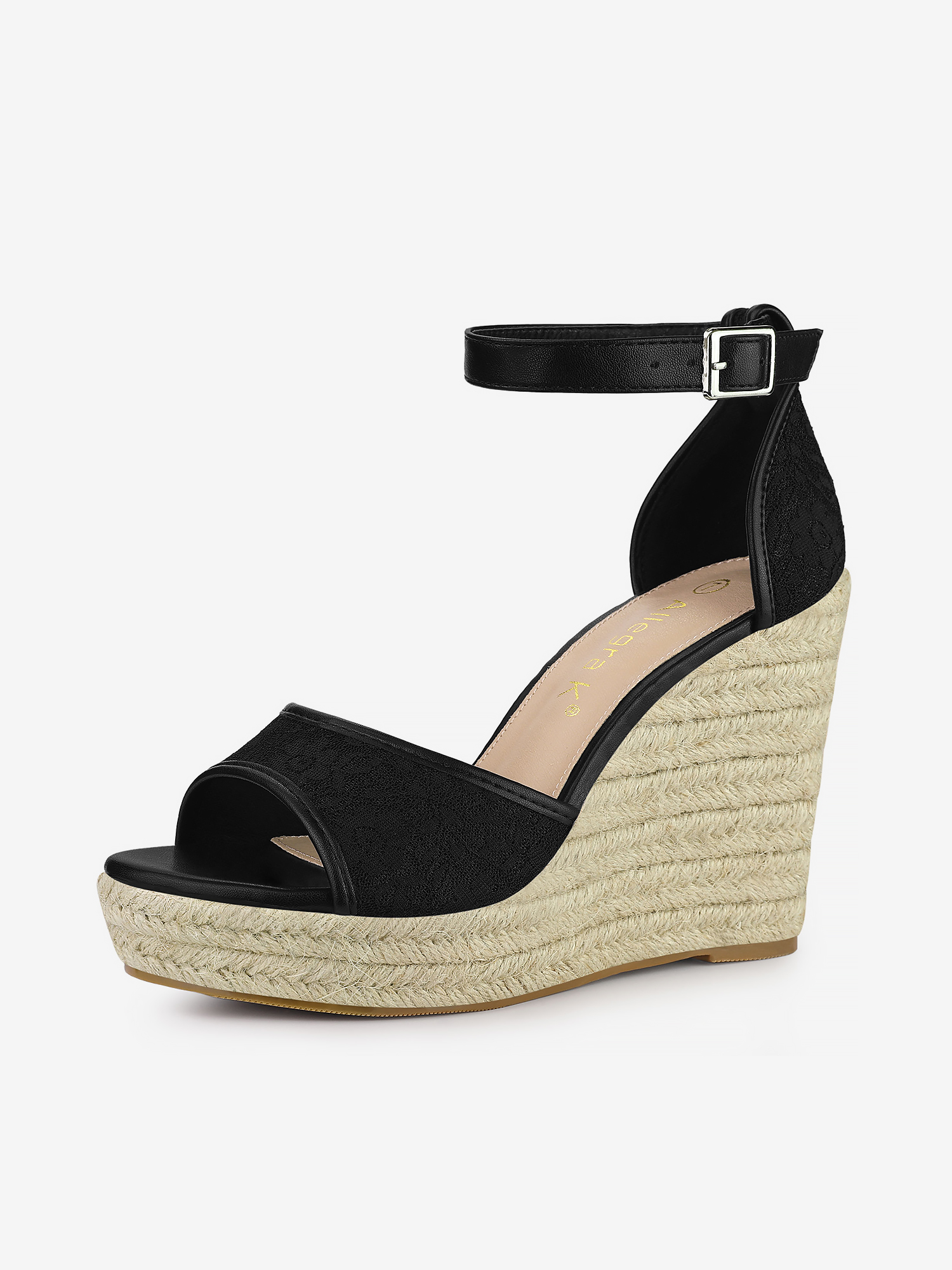 Lace Platform Espadrilles Wedge Heel Sandals Black/5.5