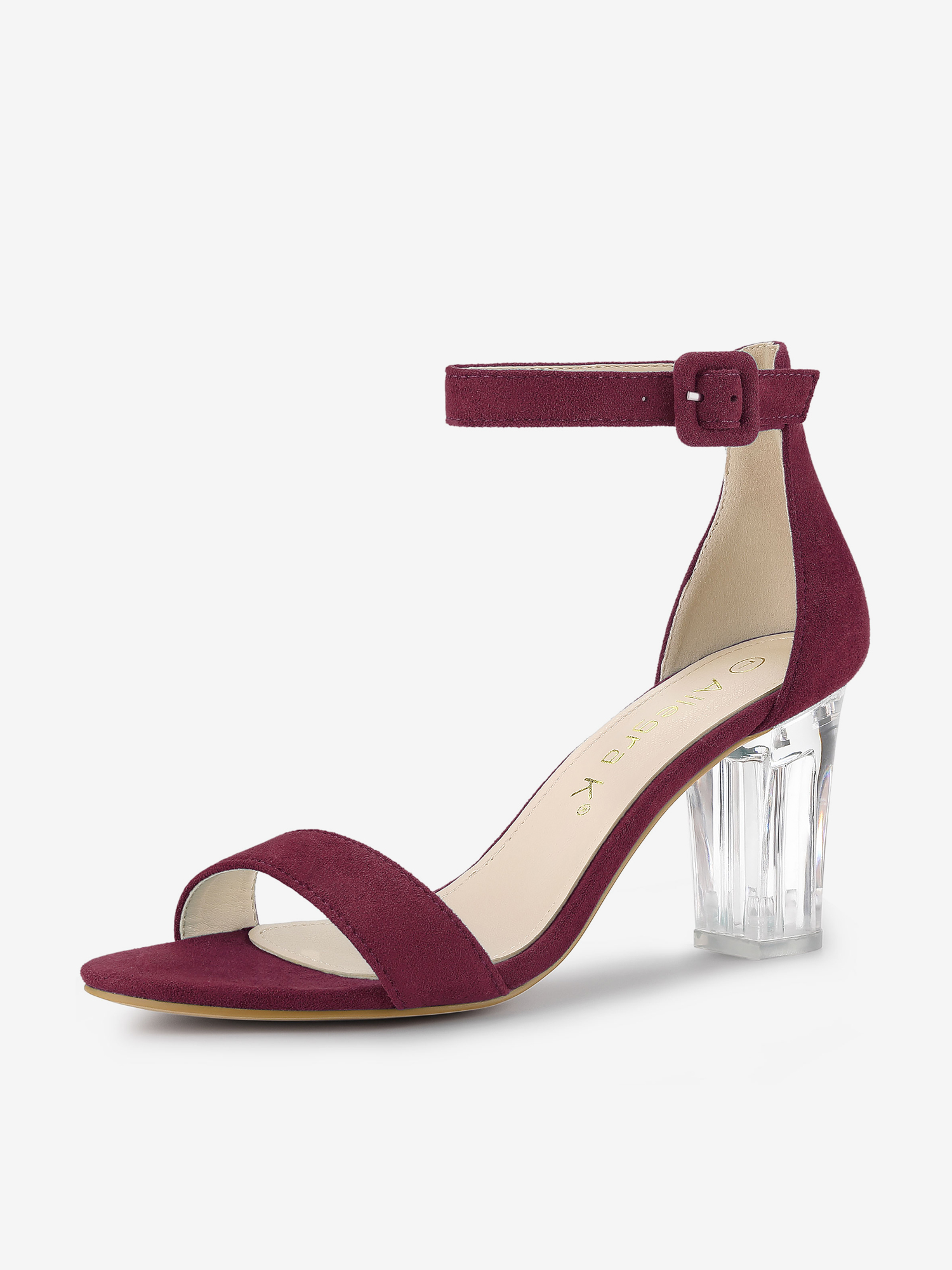 Faux Suede Open Toe Ankle Strap Clear Chunky Heel Sandals Burgundy/8.5