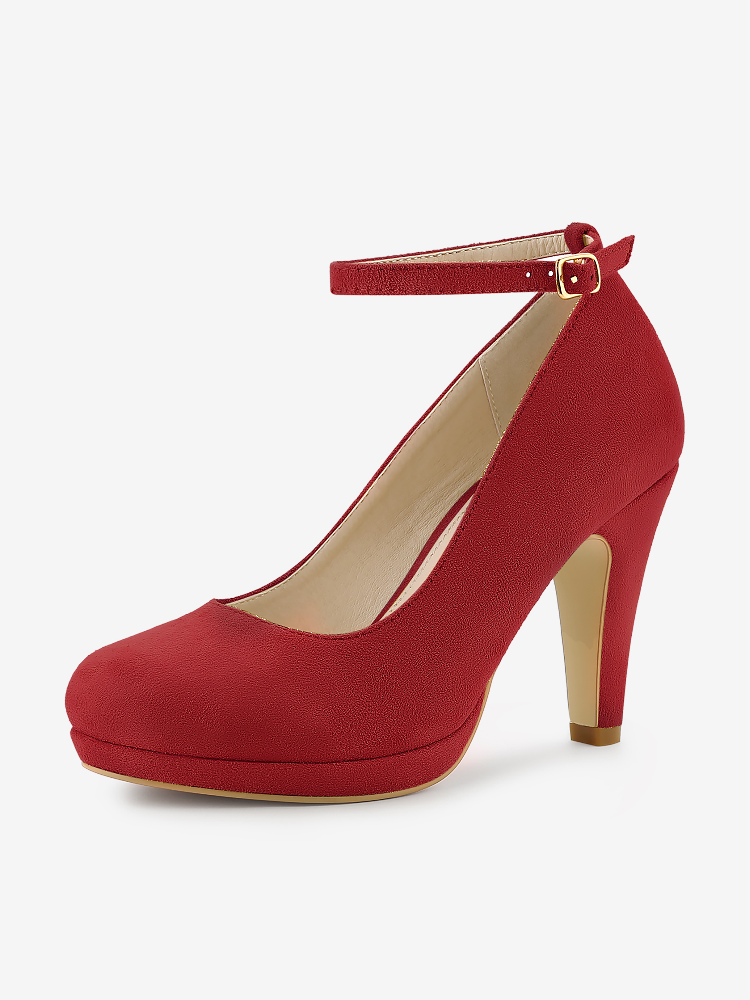 Round Toe Stiletto Heel Ankle Strap PU Leather Pumps Red/8
