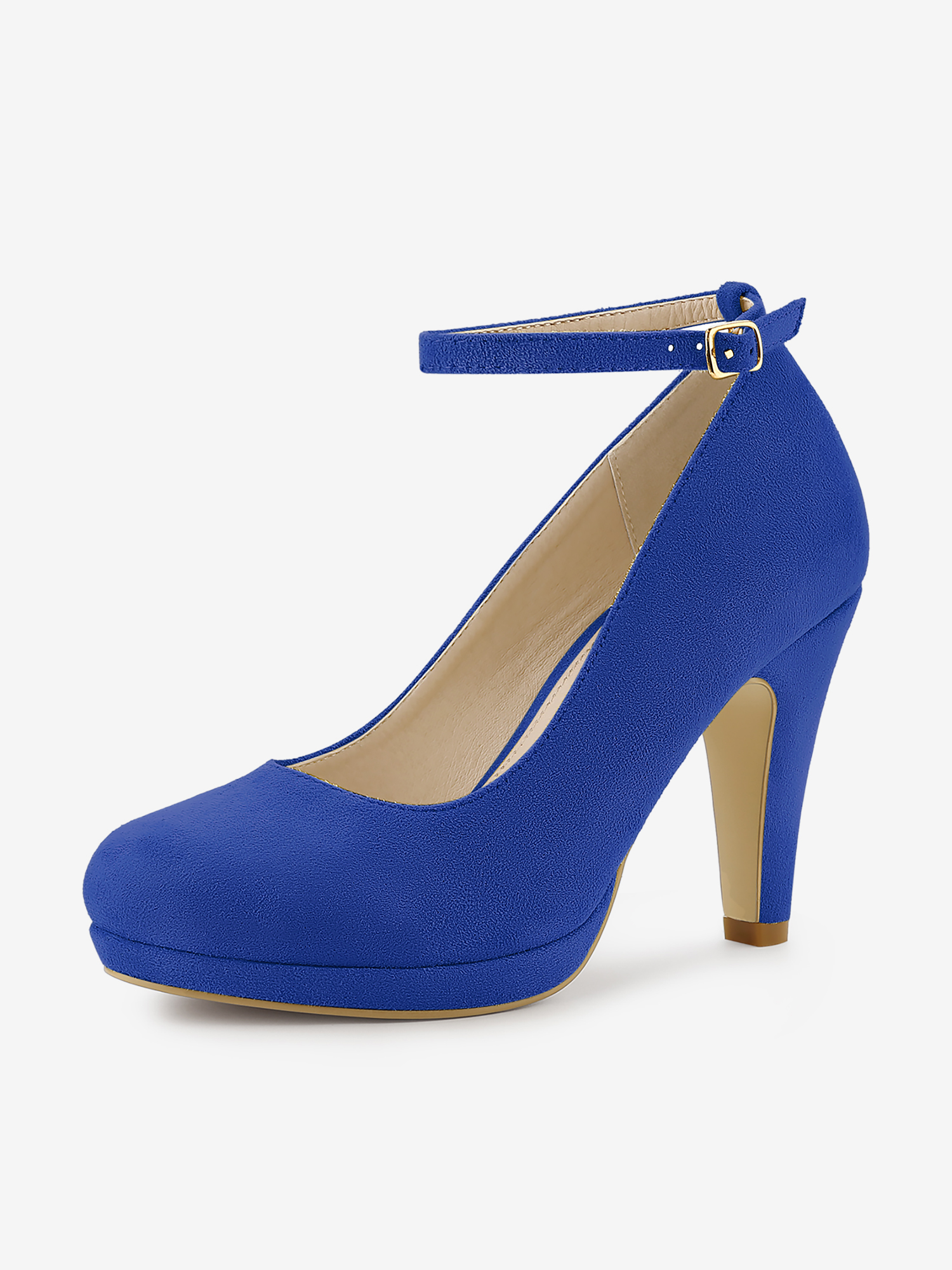Round Toe Stiletto Heel Ankle Strap PU Leather Pumps Dark Blue/6